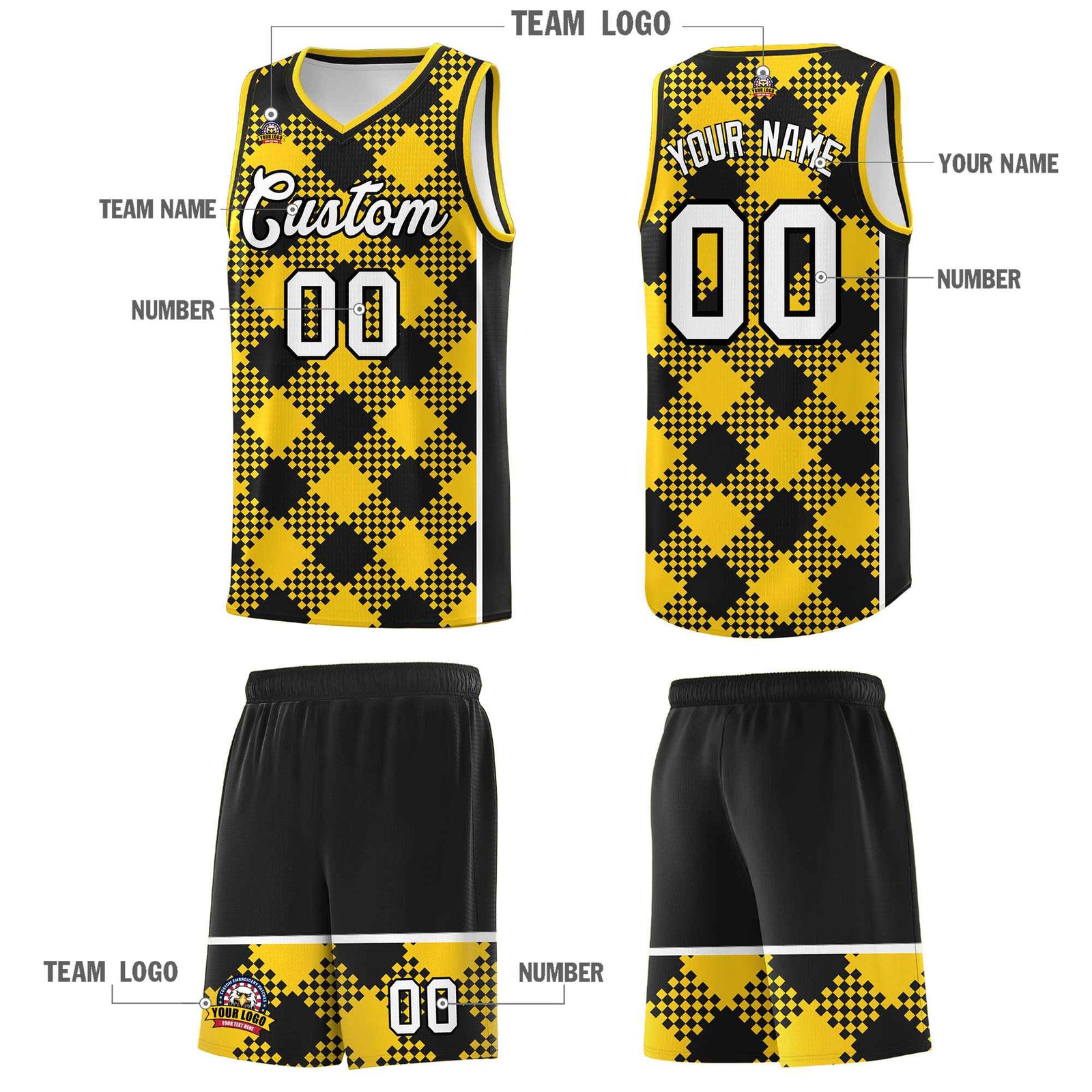 Personalized Gold Black-White Grid Basketball Kits