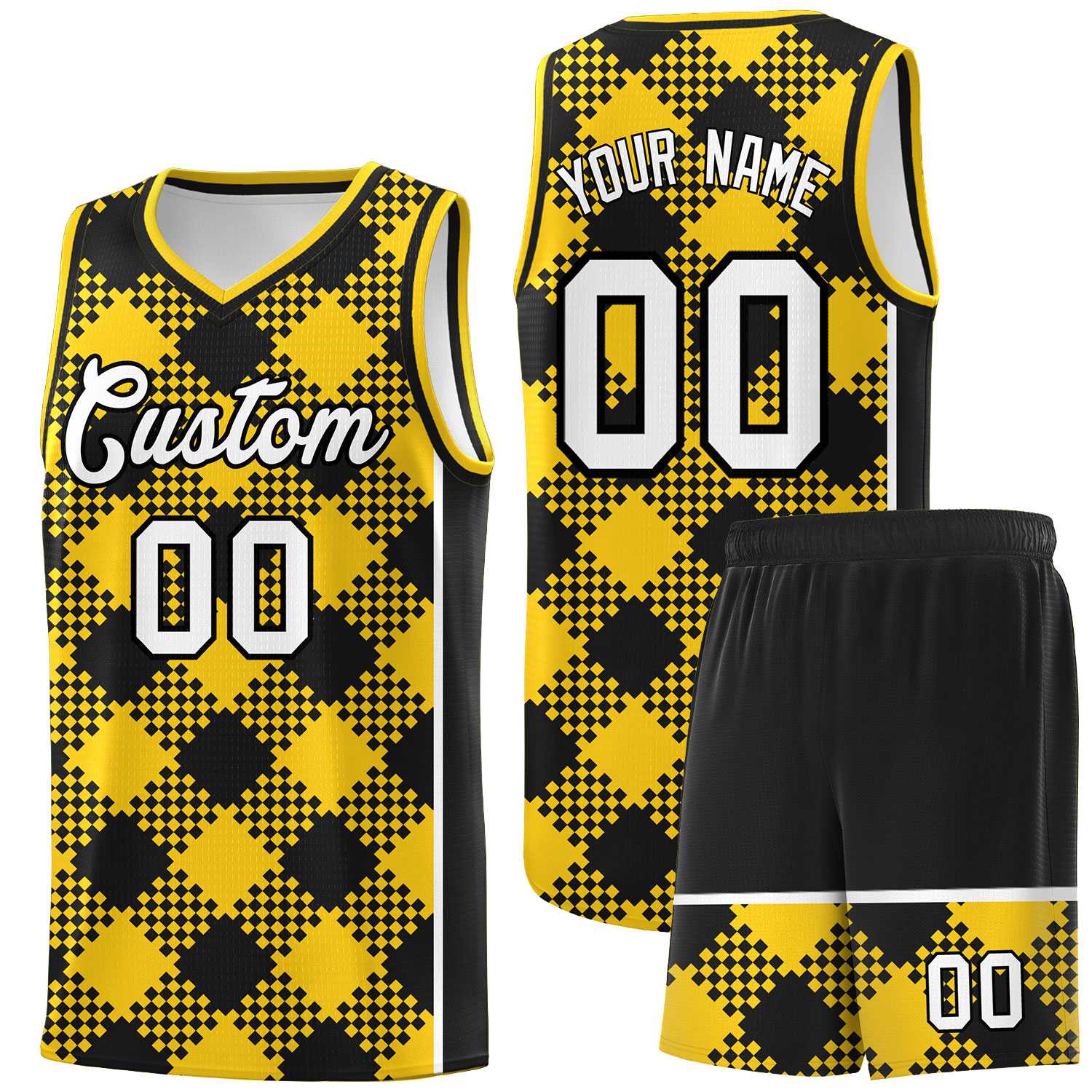 Personalized Gold Black-White Grid Basketball Kits