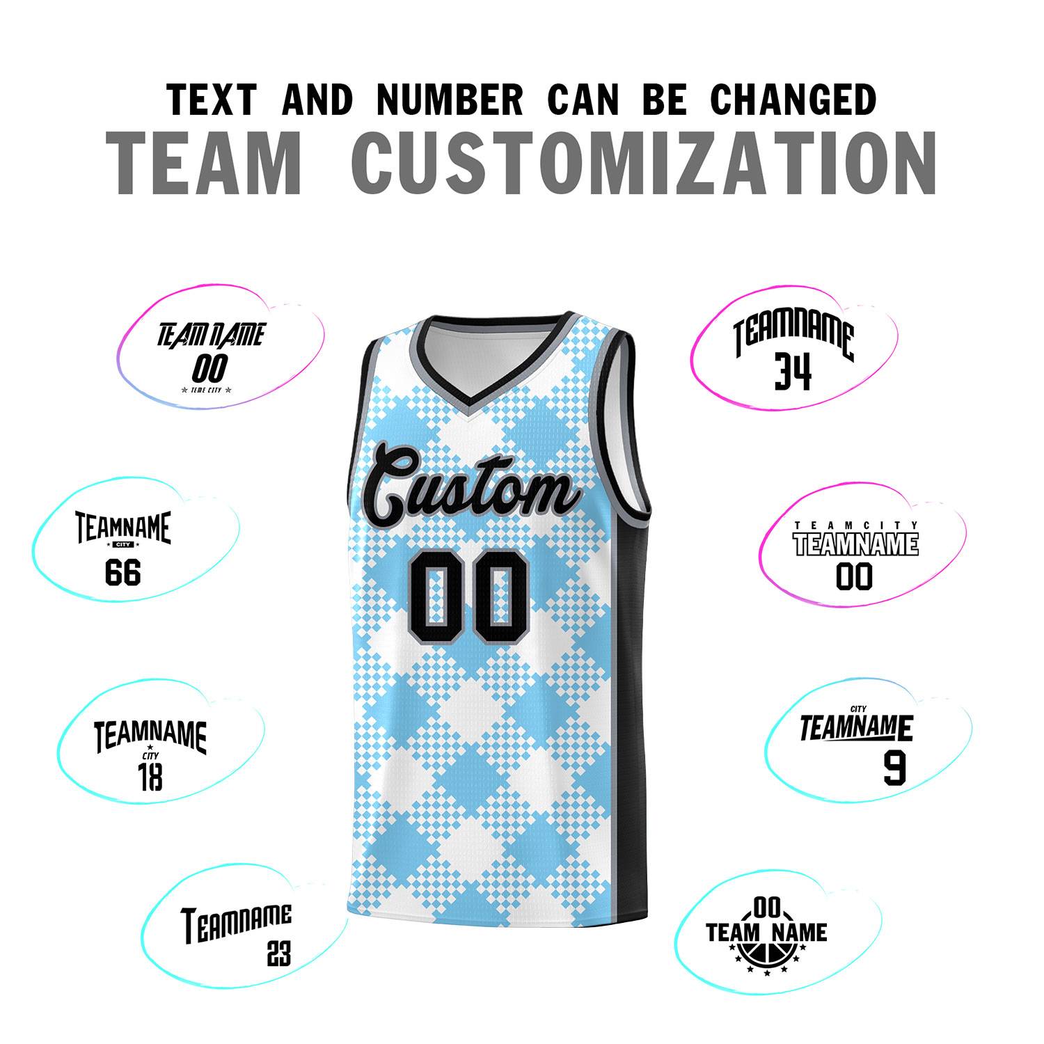 Personalized Light Blue White-Black Grid Basketball Kits