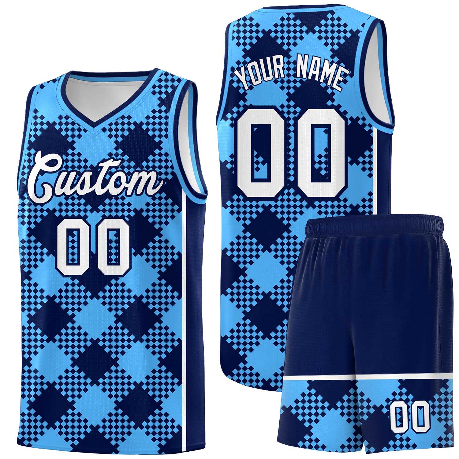 Personalized Powder Blue Navy-White Grid Basketball Kits
