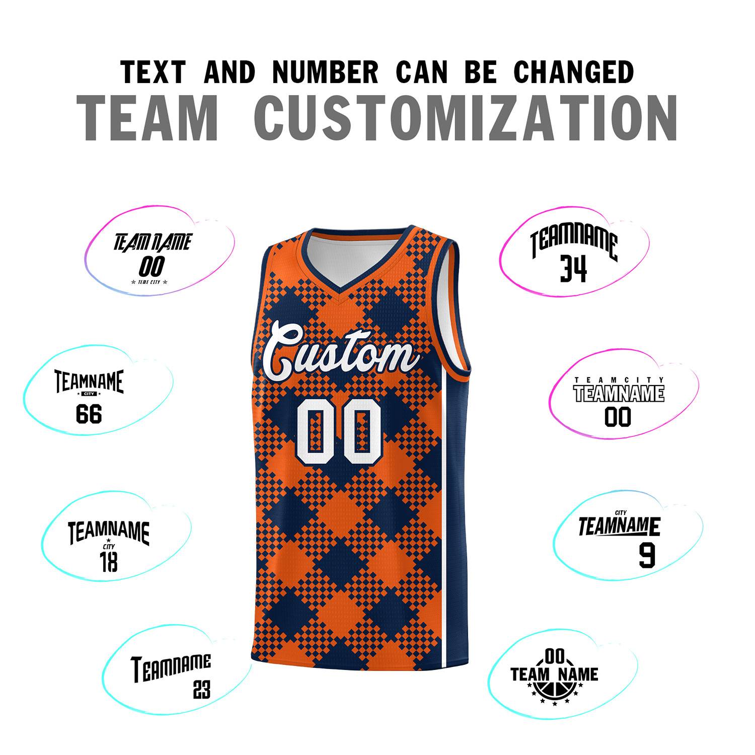 Personalized Navy Orange-White Grid Basketball Kits