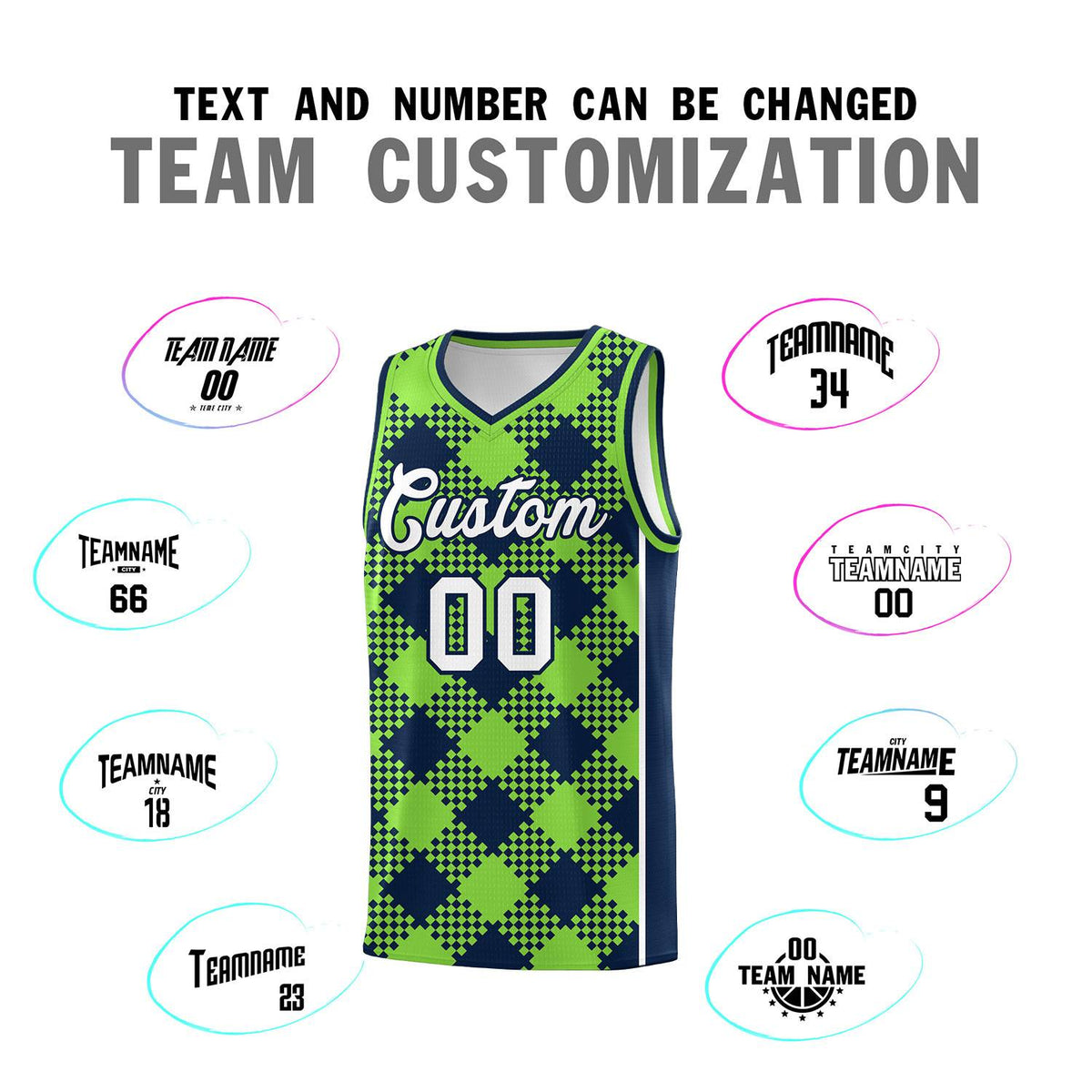 Personalized Fluorescent Green Navy-White Grid Basketball Kits