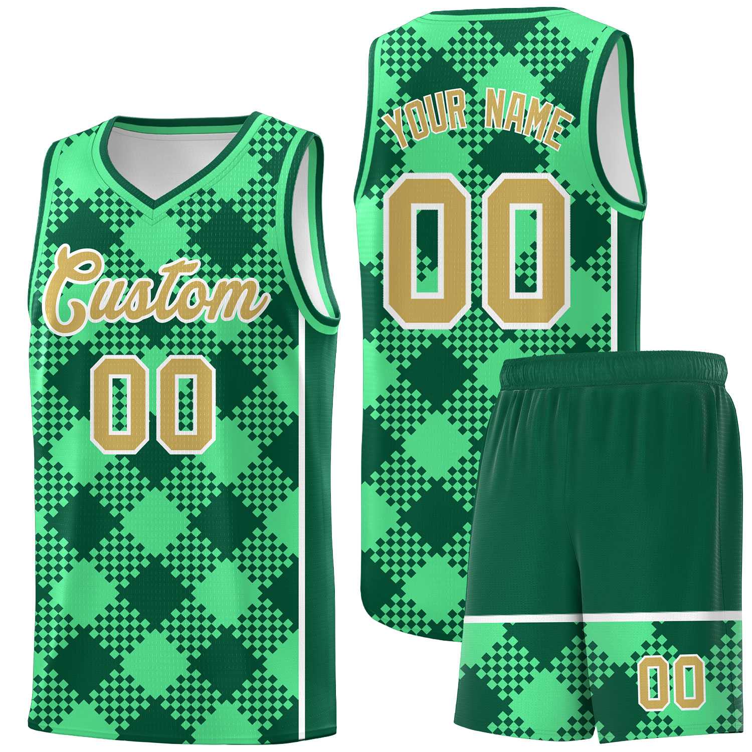 Personalized Green Kelly Green-White Grid Basketball Kits