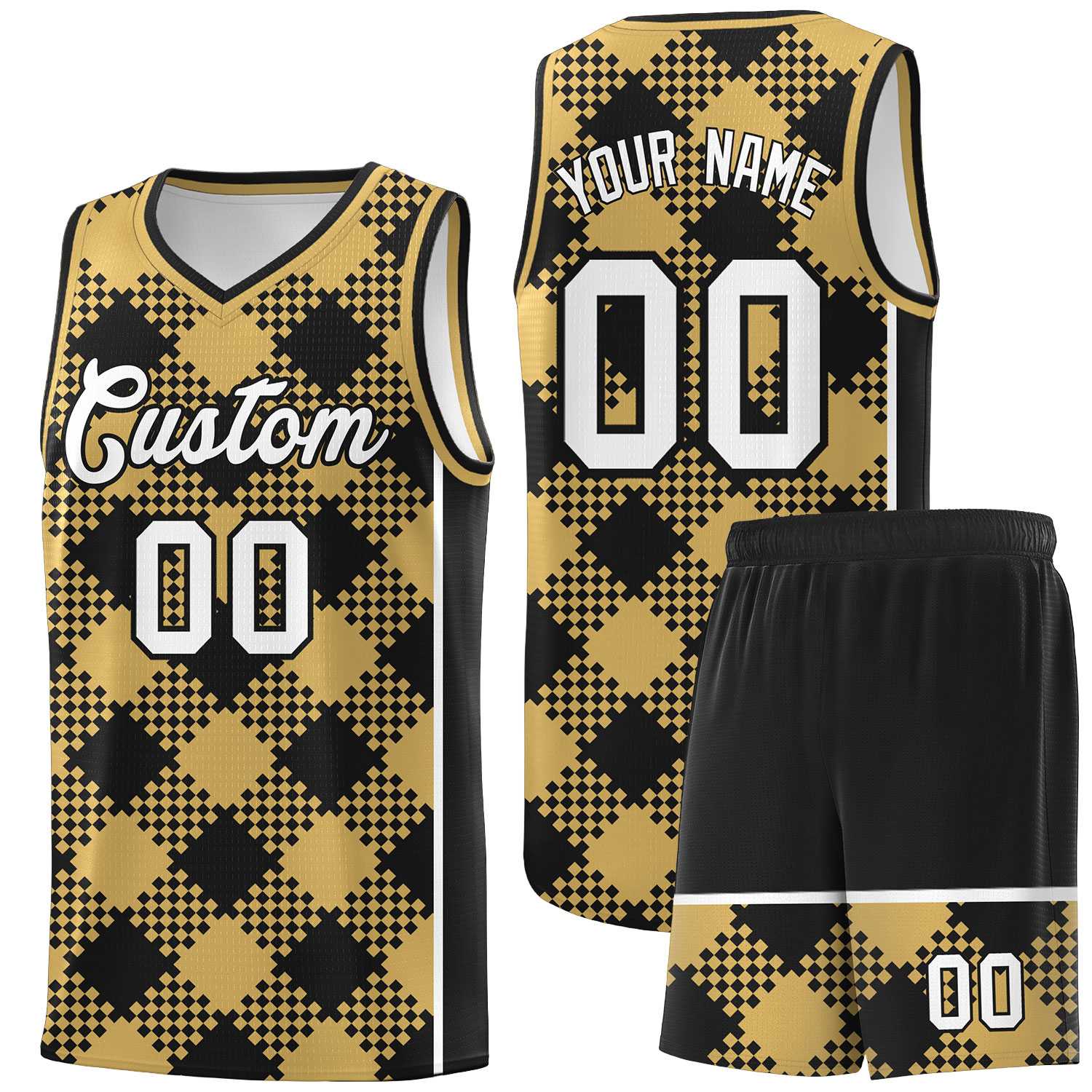 Personalized Old Gold Black-White Grid Basketball Kits