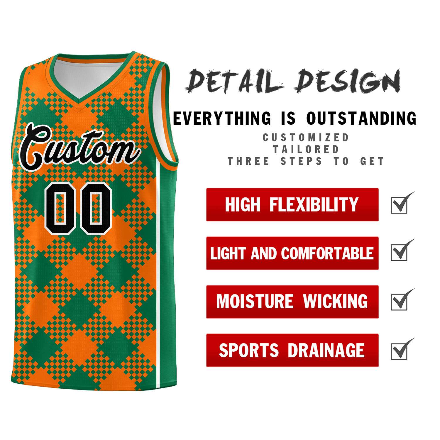 Personalized Orange Kelly Green-White Grid Basketball Kits