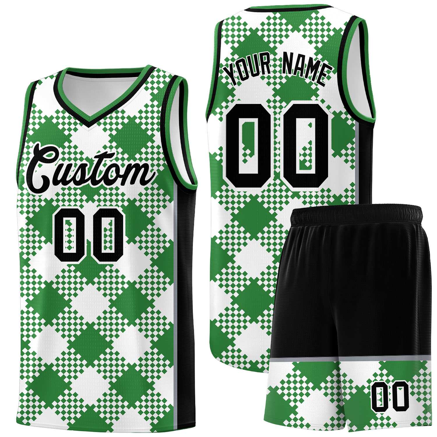 Personalized White Kelly Green-Gray Grid Basketball Kits