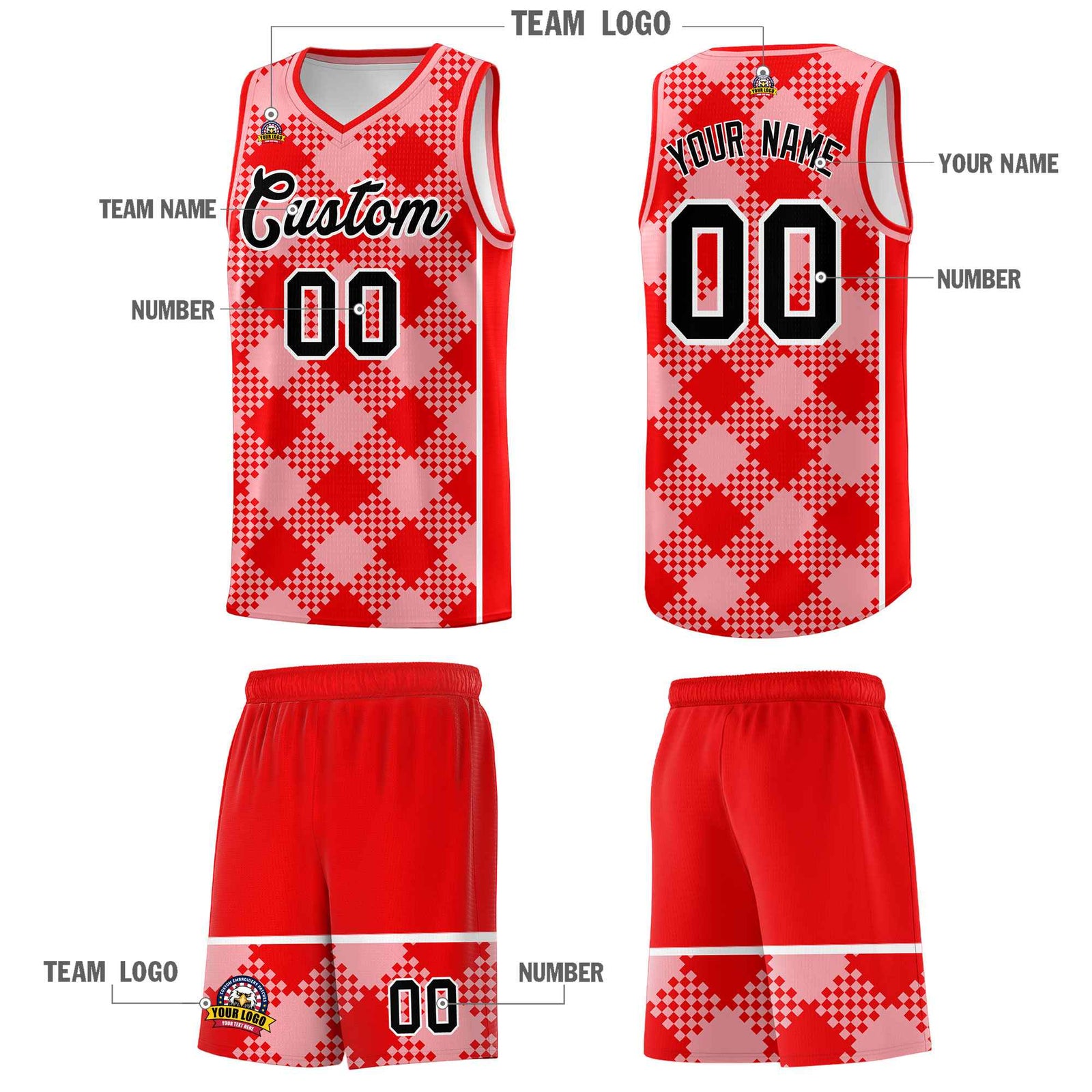 Personalized Light Pink Light Red-White Grid Basketball Kits