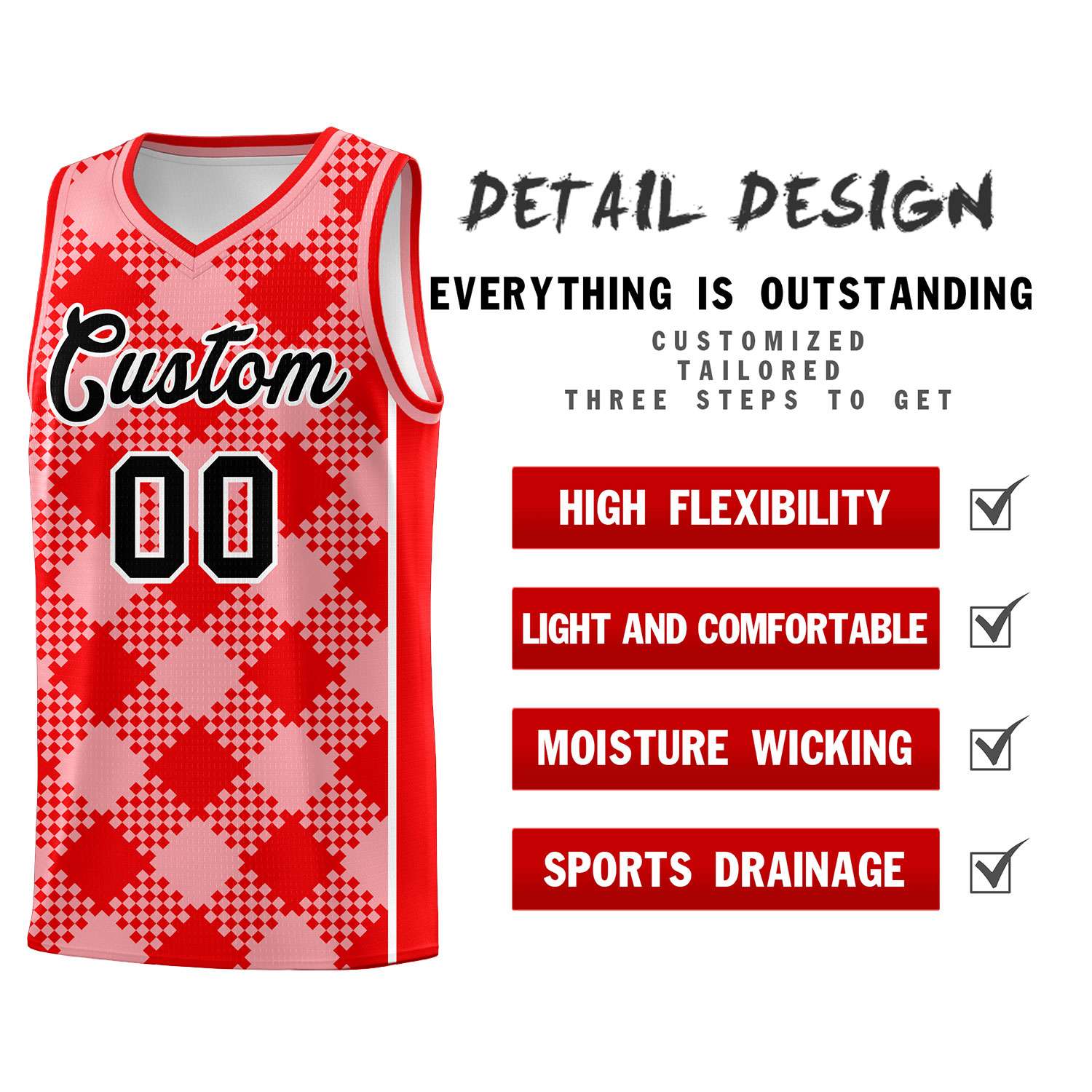 Personalized Light Pink Light Red-White Grid Basketball Kits