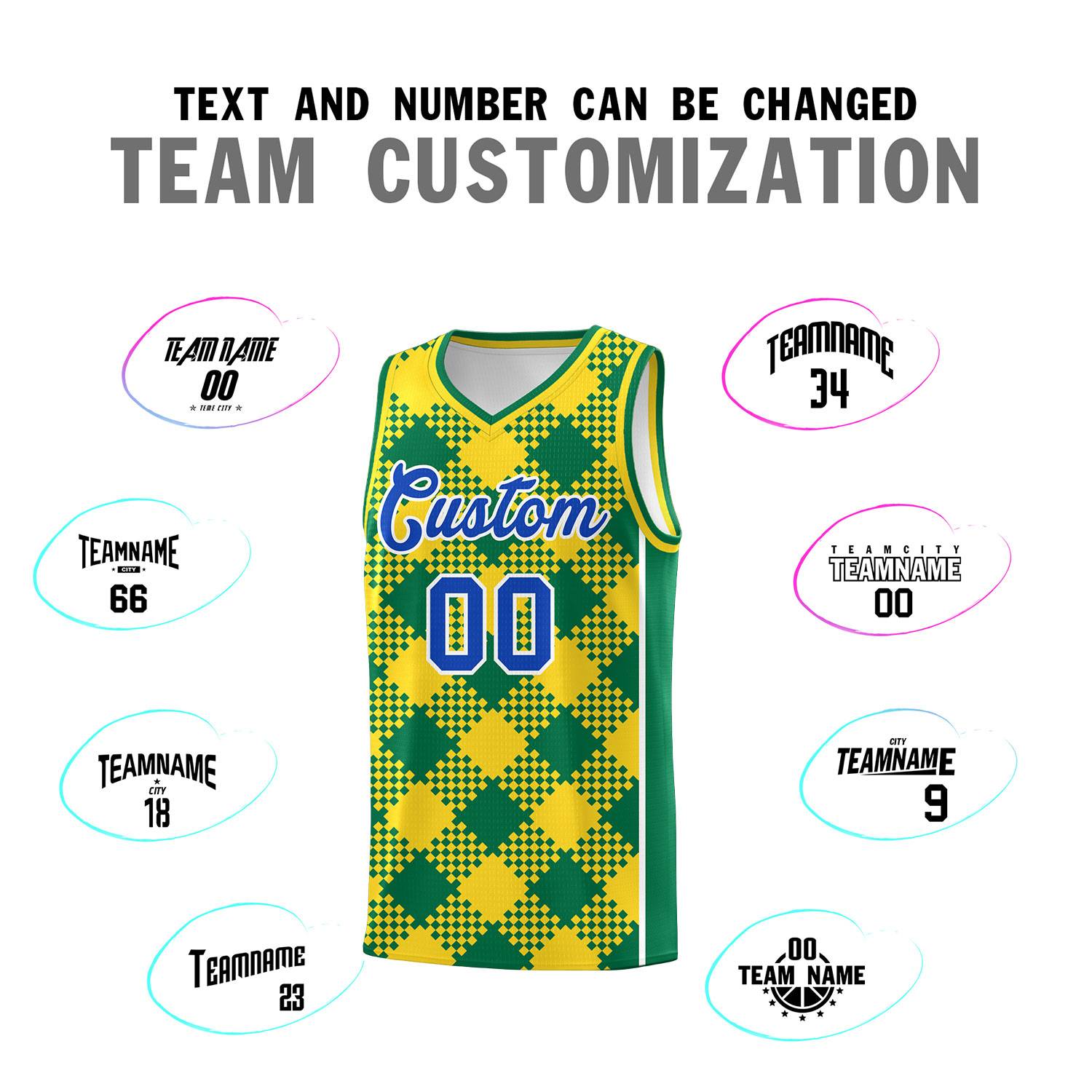 Personalized Gold Kelly Green-White Grid Basketball Kits