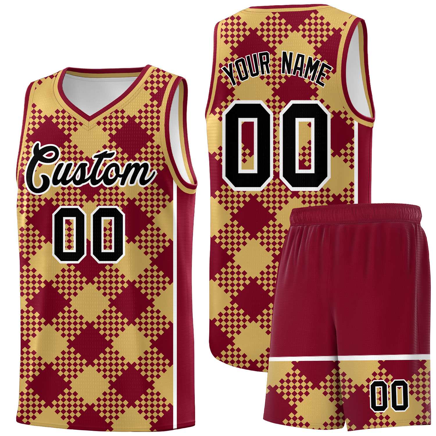 Personalized Old Gold Crimson-White Grid Basketball Kits