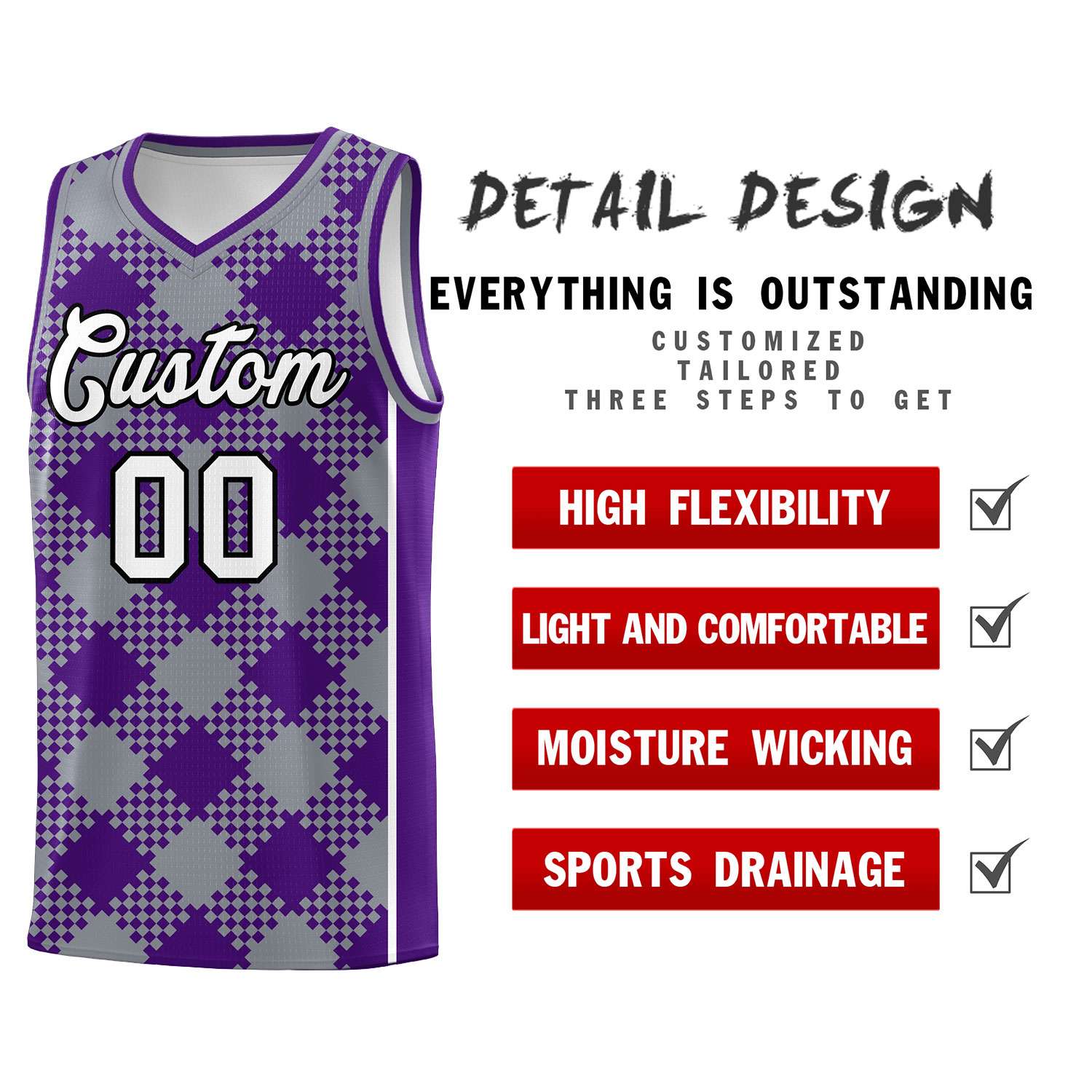 Personalized Gray Purple-White Grid Basketball Kits