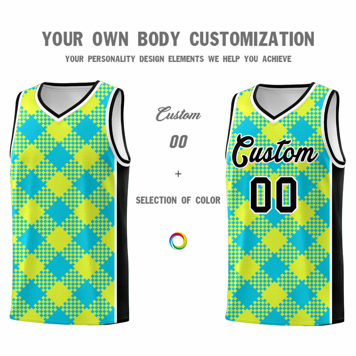Personalized Sky Blue Fluorescent Green-White Grid Basketball Kits