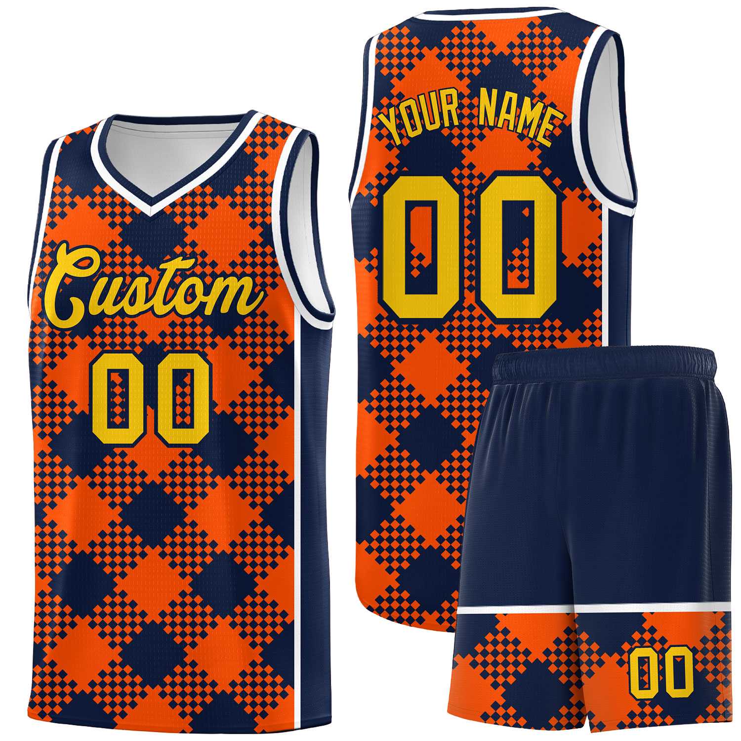 Personalized Orange Navy-White Grid Basketball Kits