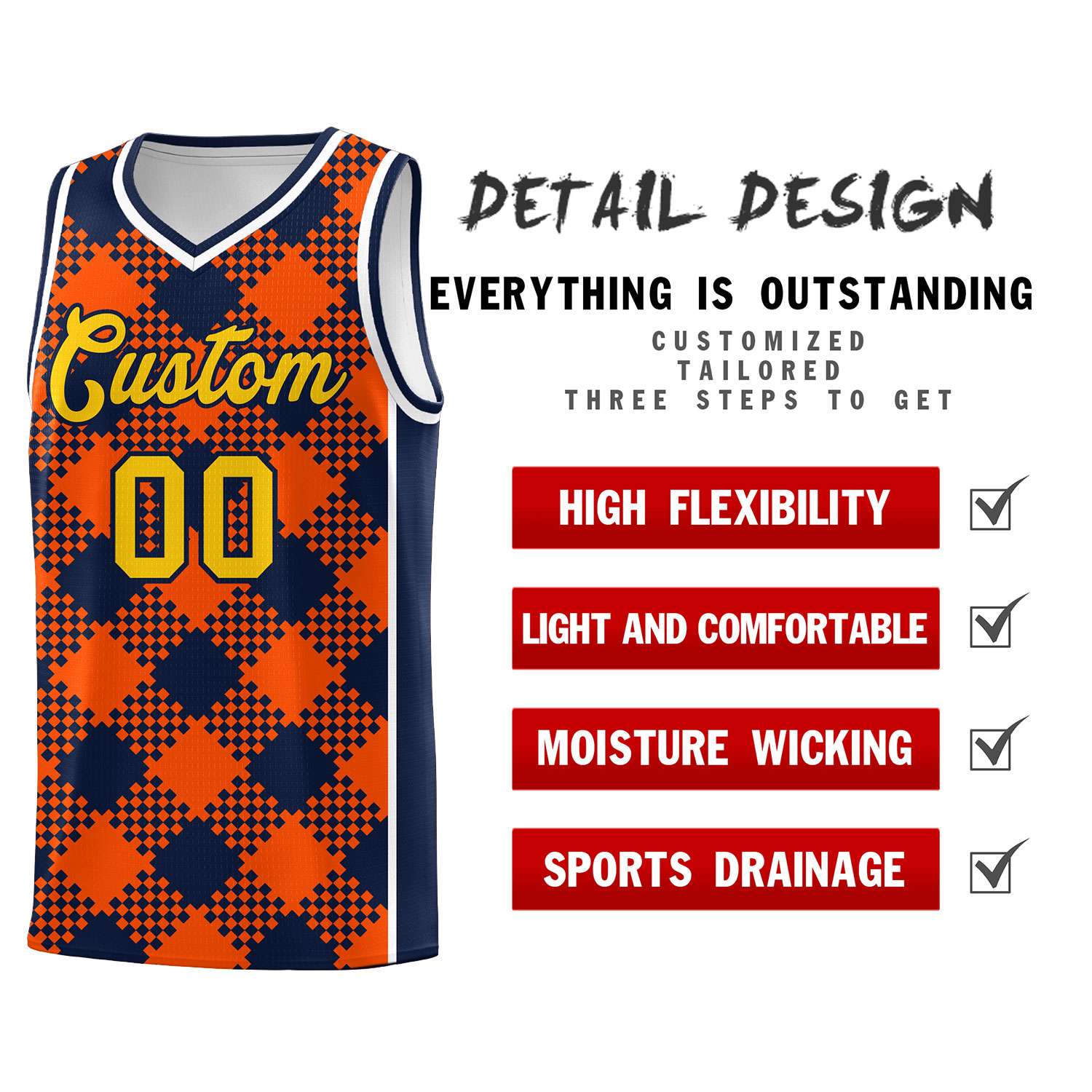 Personalized Orange Navy-White Grid Basketball Kits