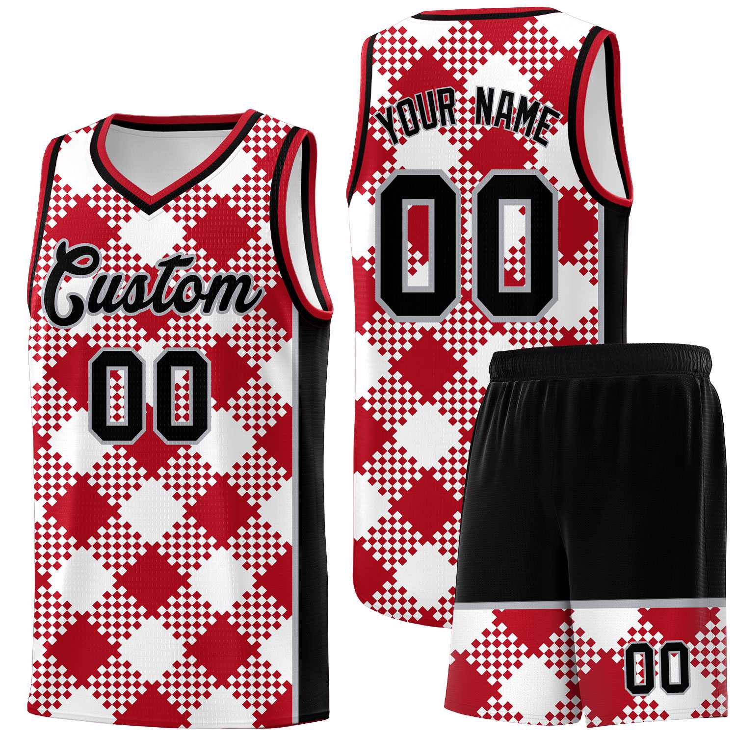 Personalized White Red-Gray Grid Basketball Kits