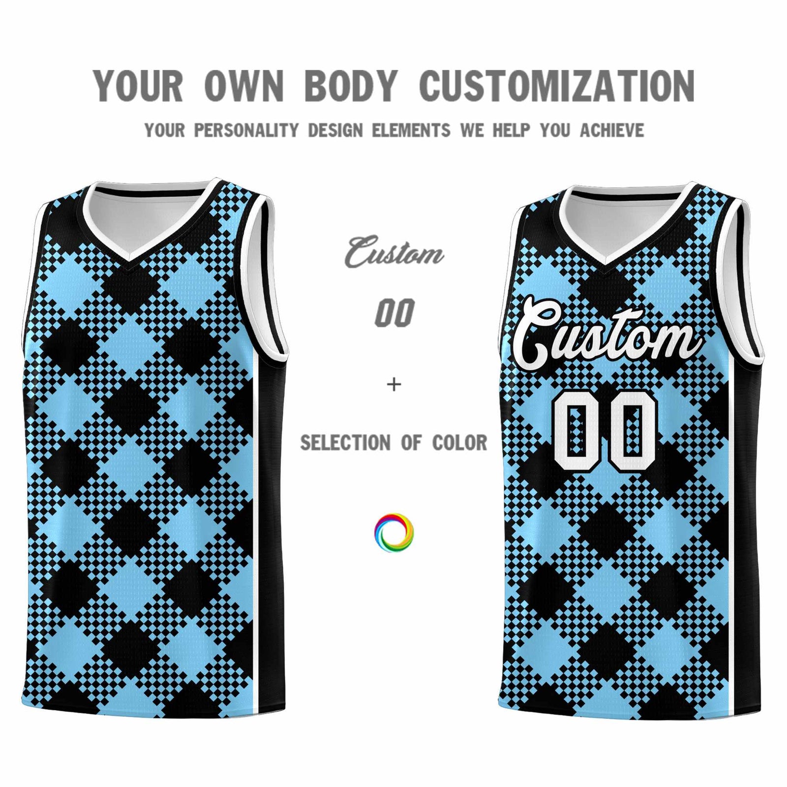 Personalized Light Blue White-Black Grid Basketball Kits