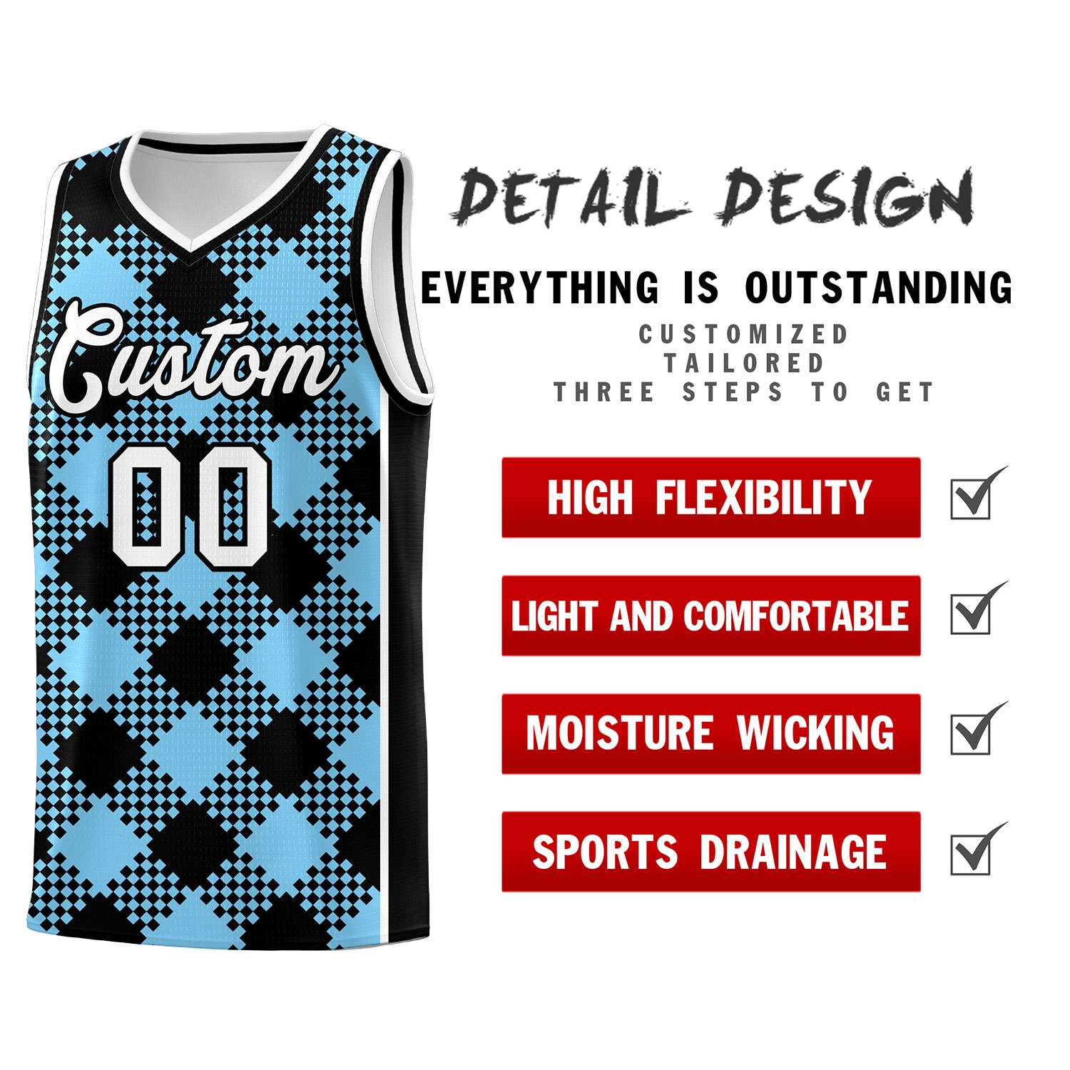 Personalized Light Blue White-Black Grid Basketball Kits
