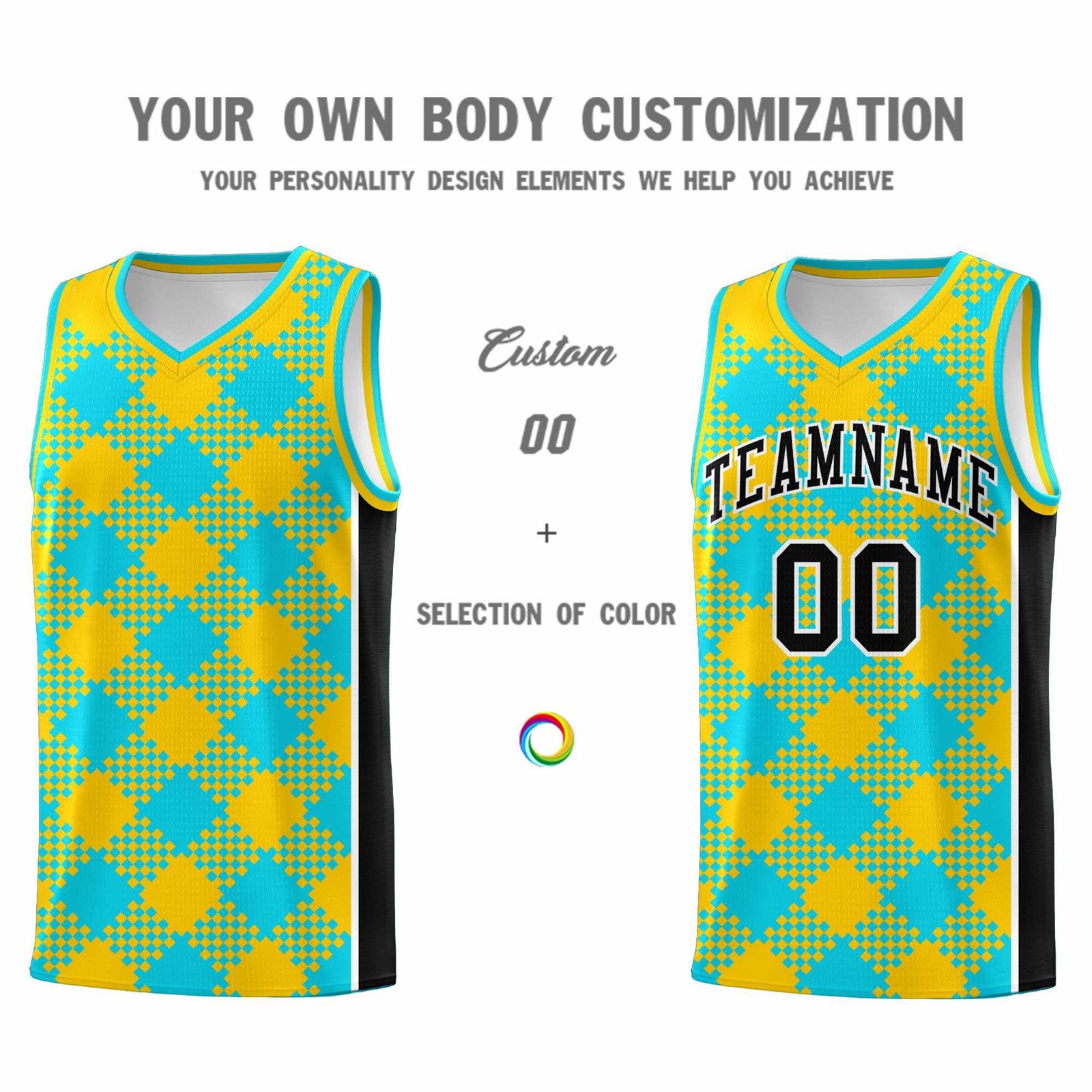 Personalized Sky Blue Gold-Black Grid Basketball Kits