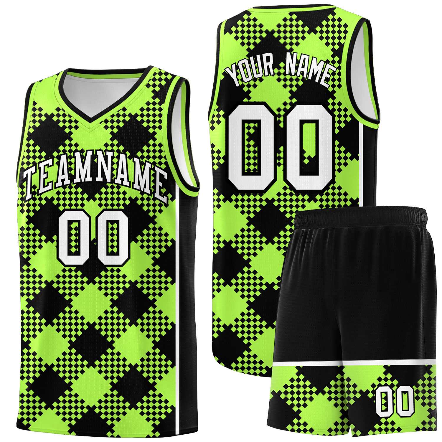 Personalized Fluorescent Green Black-White Grid Basketball Kits