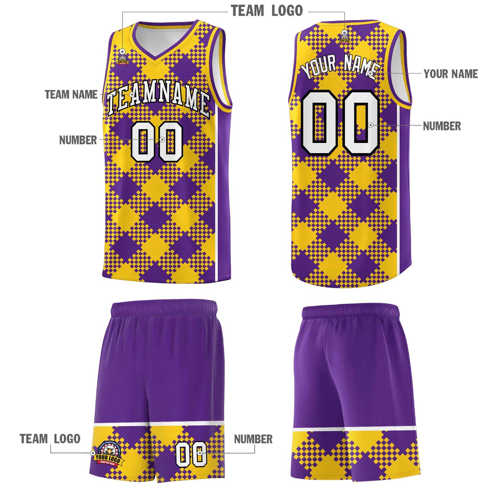Personalized Purple Gold-White Grid Basketball Kits
