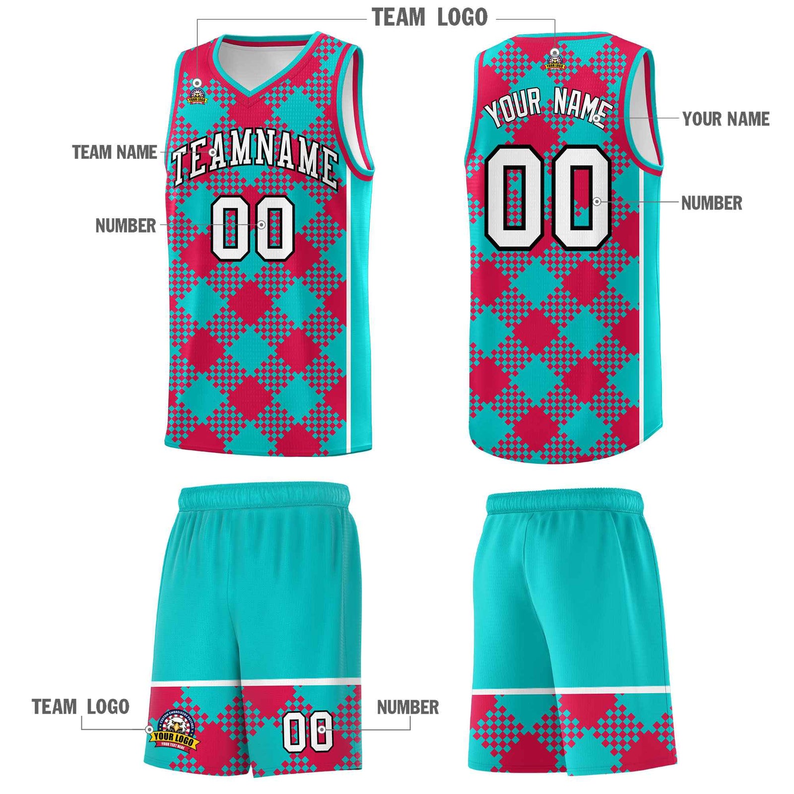 Personalized Aqua Red-White Grid Basketball Kits