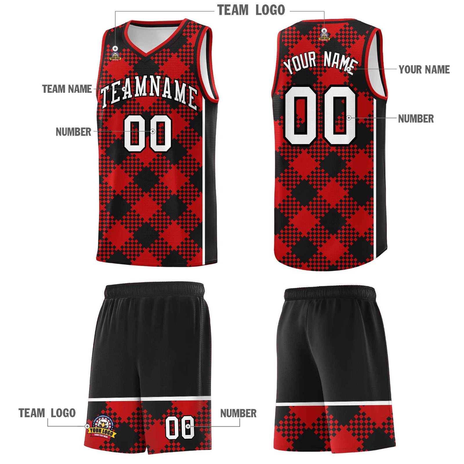 Personalized Red Black-White Grid Basketball Kits