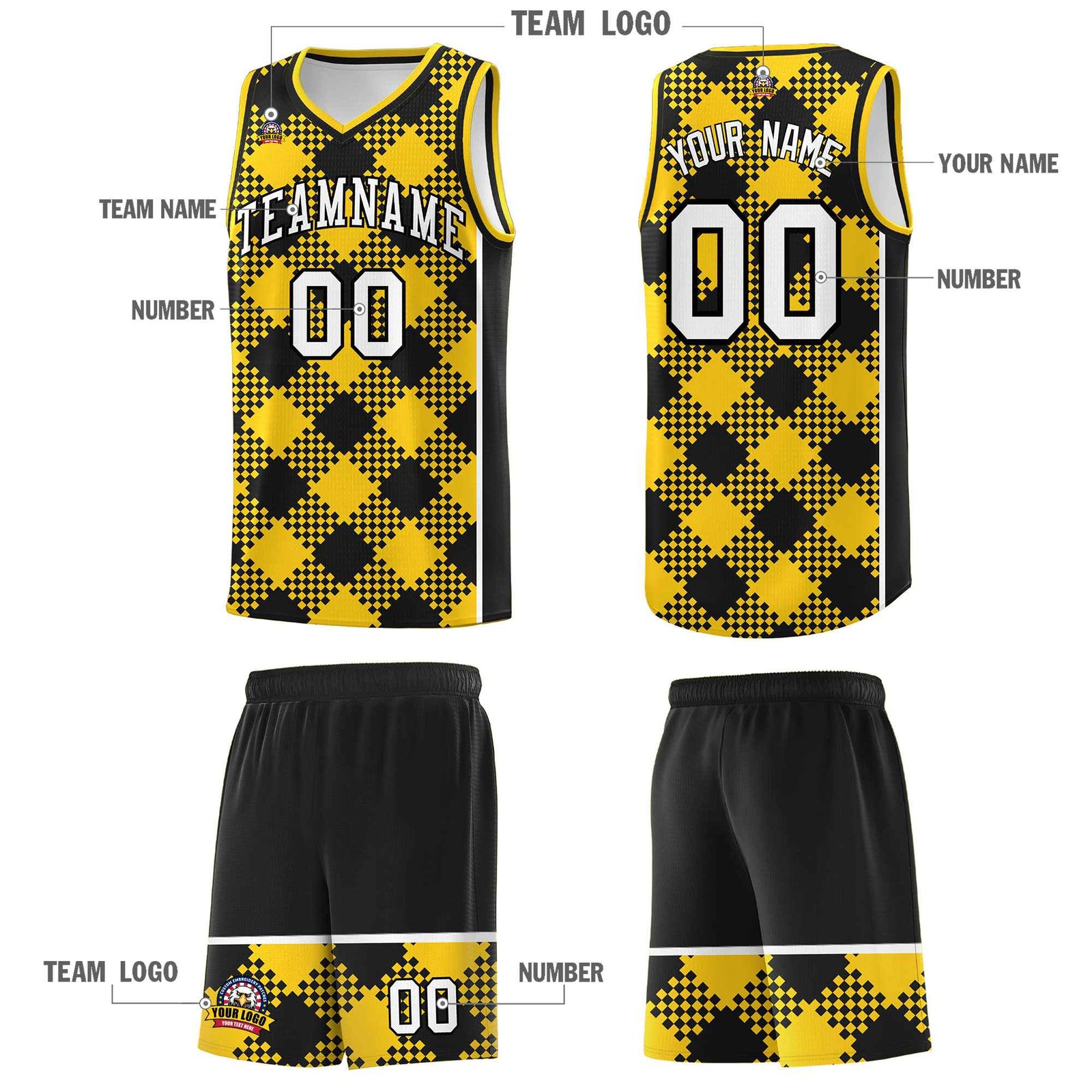 Personalized Gold Black-White Grid Basketball Kits