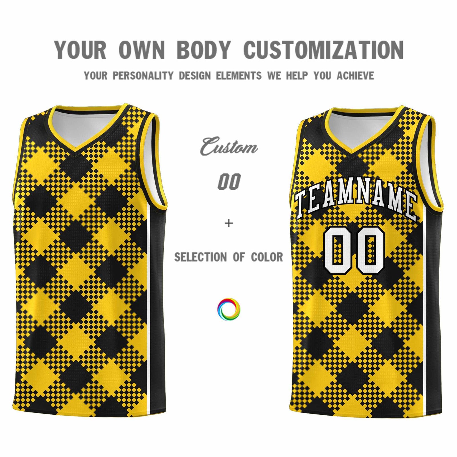 Personalized Gold Black-White Grid Basketball Kits