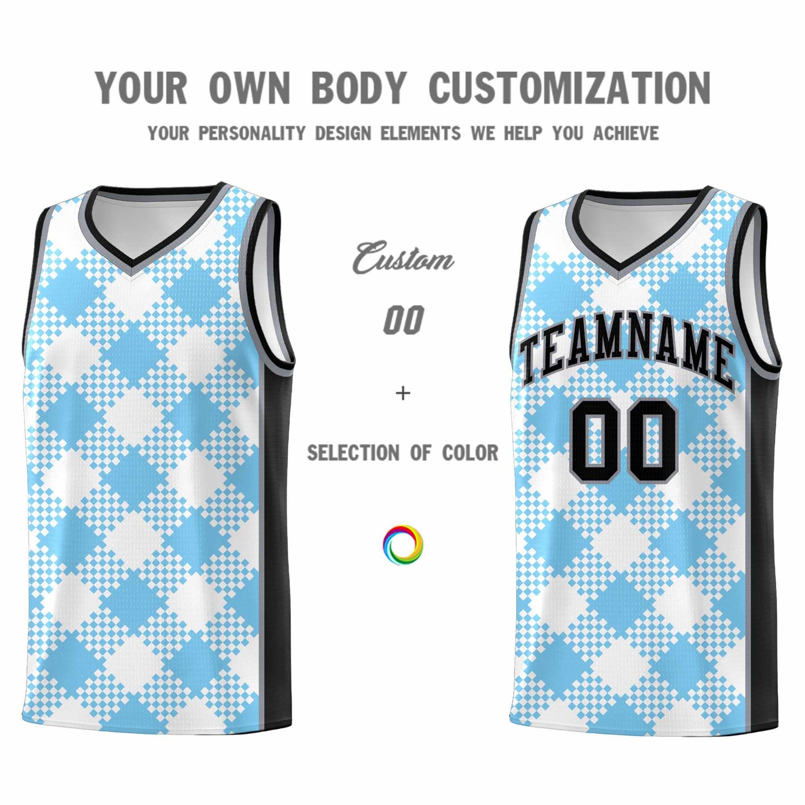 Personalized Light Blue White-Black Grid Basketball Kits