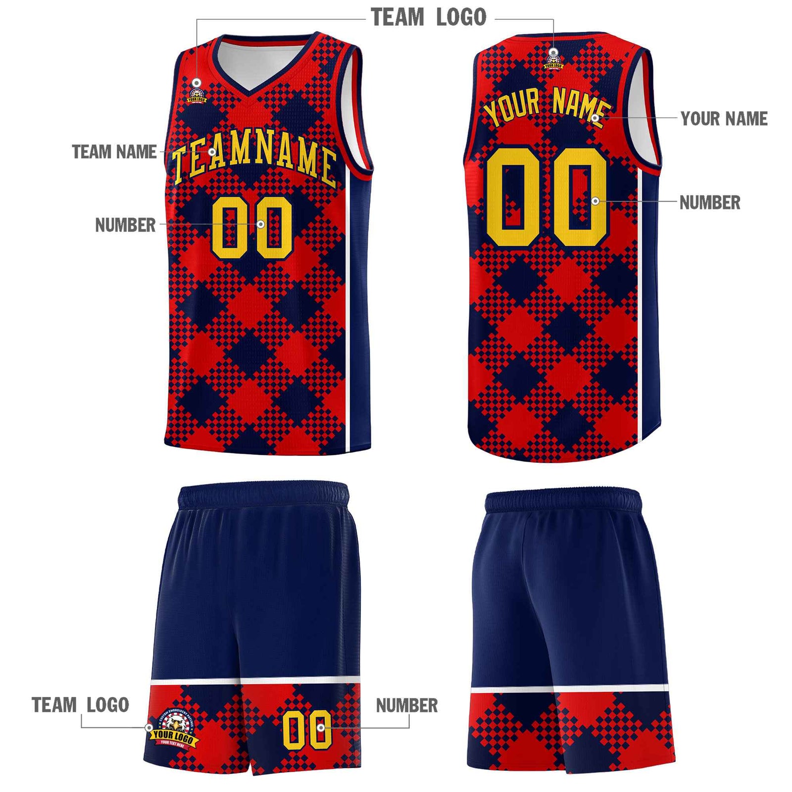Personalized Navy Red-White Grid Basketball Kits