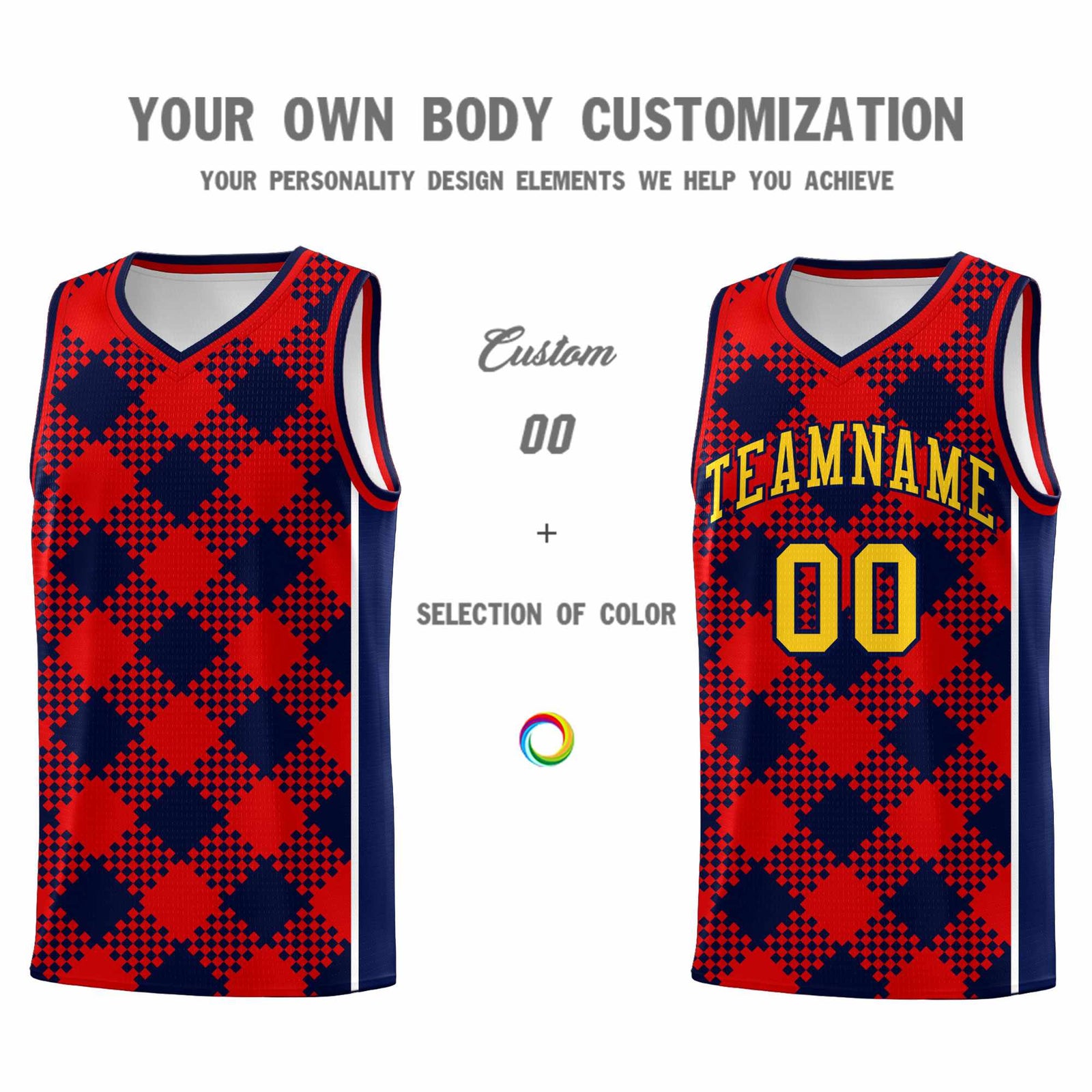 Personalized Navy Red-White Grid Basketball Kits