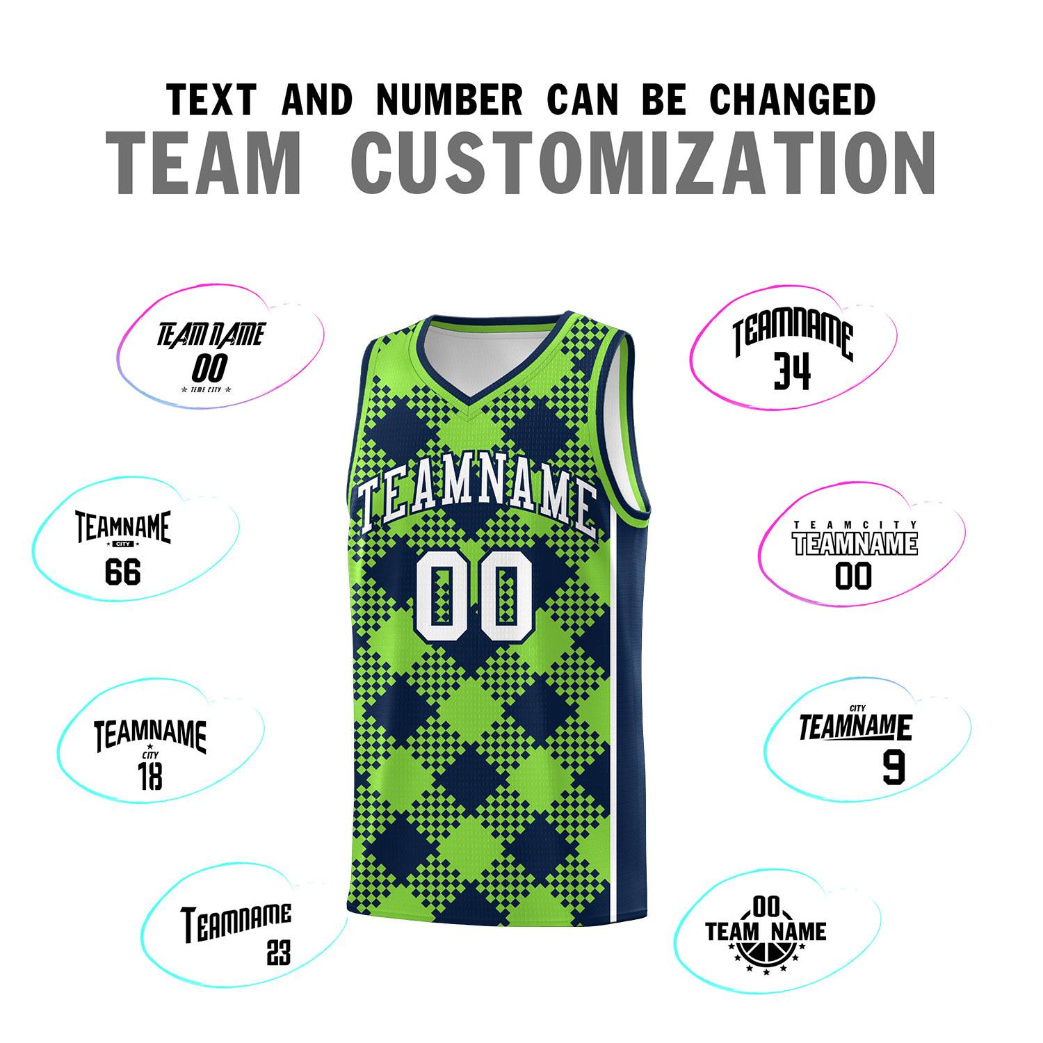 Personalized Fluorescent Green Navy-White Grid Basketball Kits