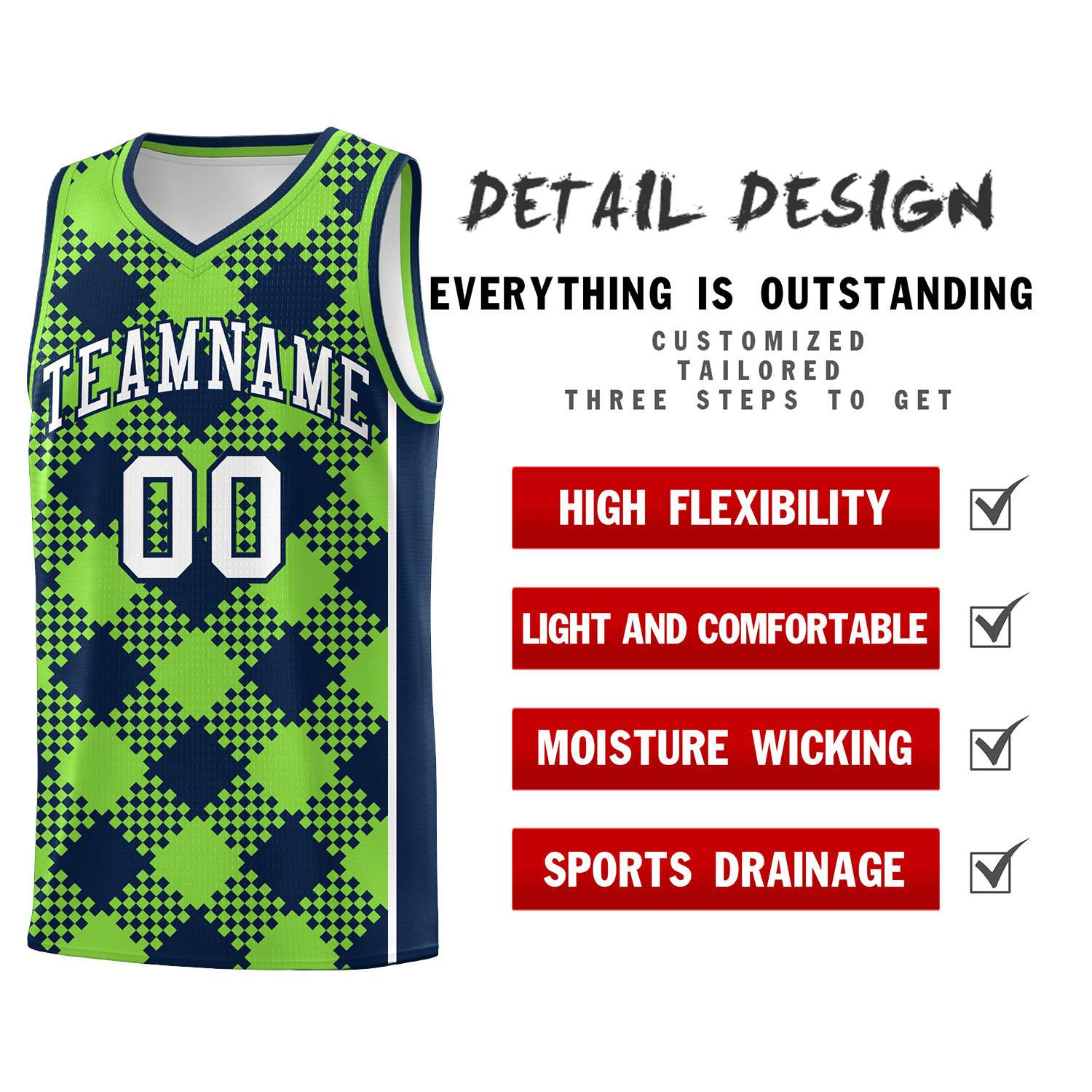 Personalized Fluorescent Green Navy-White Grid Basketball Kits