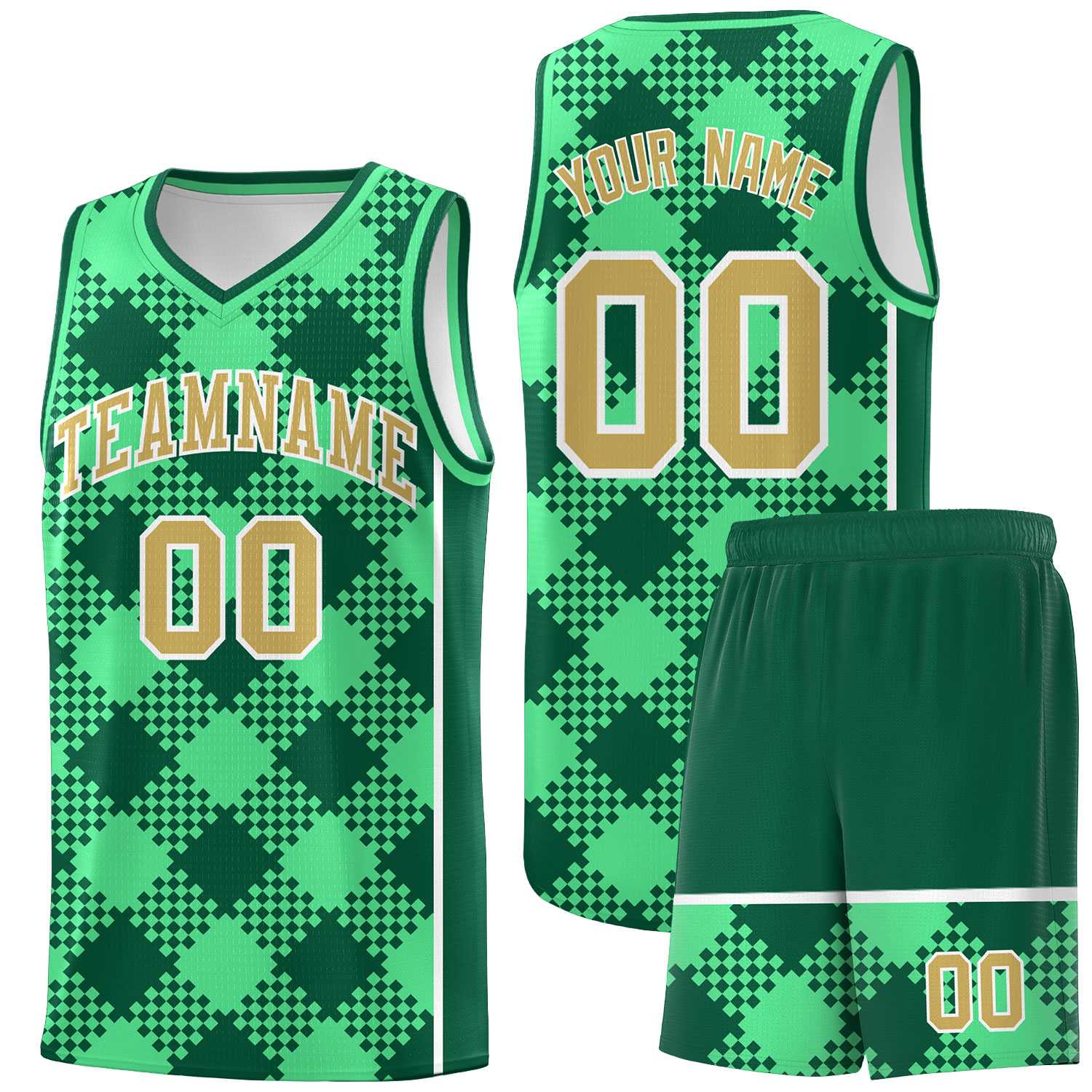 Personalized Green Kelly Green-White Grid Basketball Kits