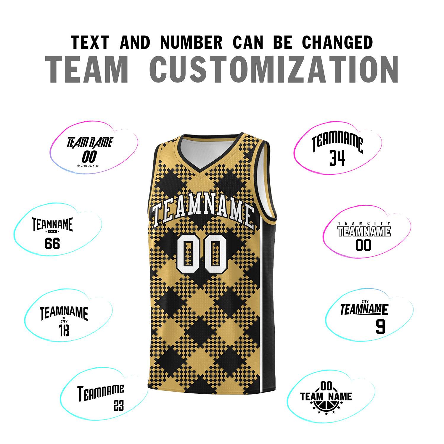 Personalized Old Gold Black-White Grid Basketball Kits