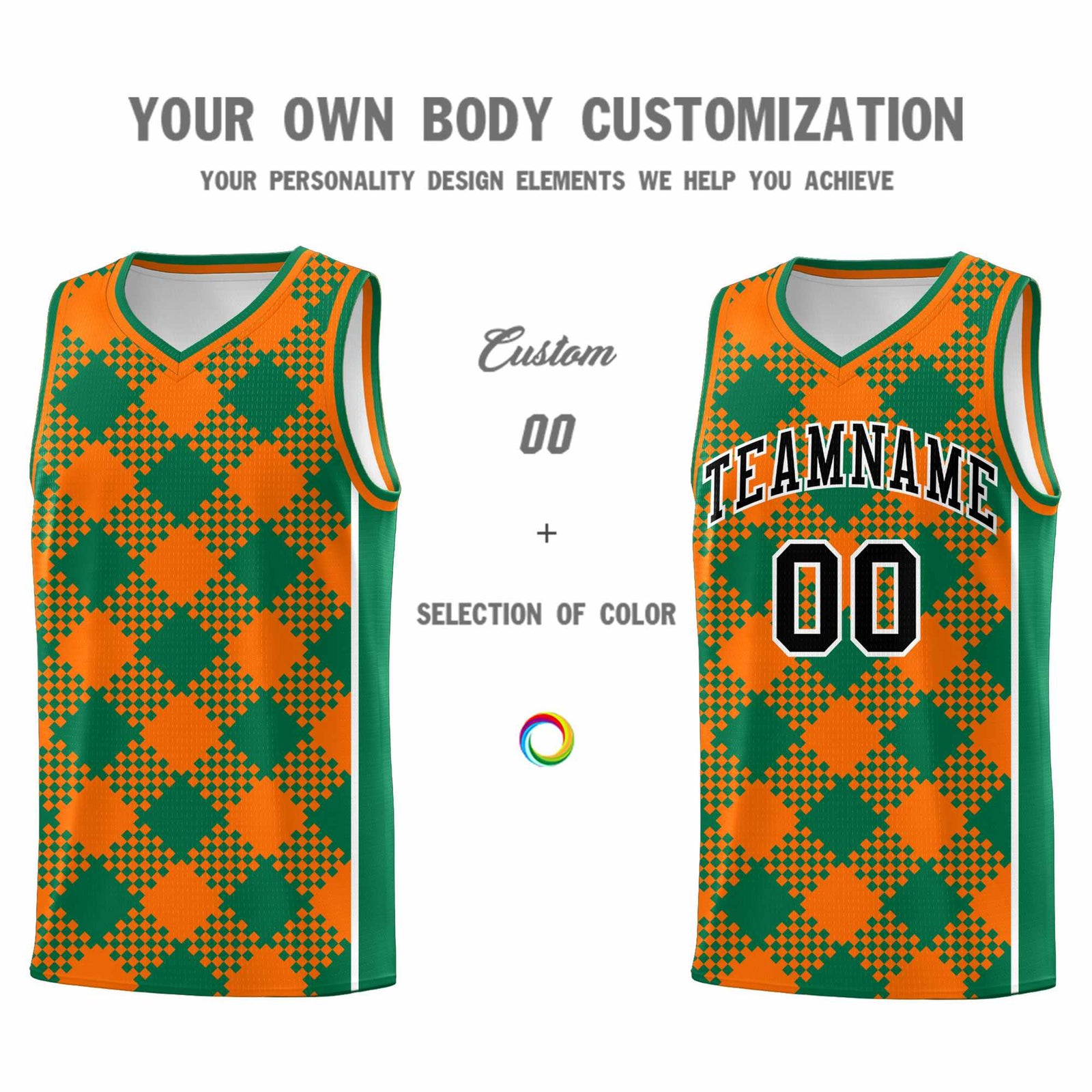 Personalized Orange Kelly Green-White Grid Basketball Kits