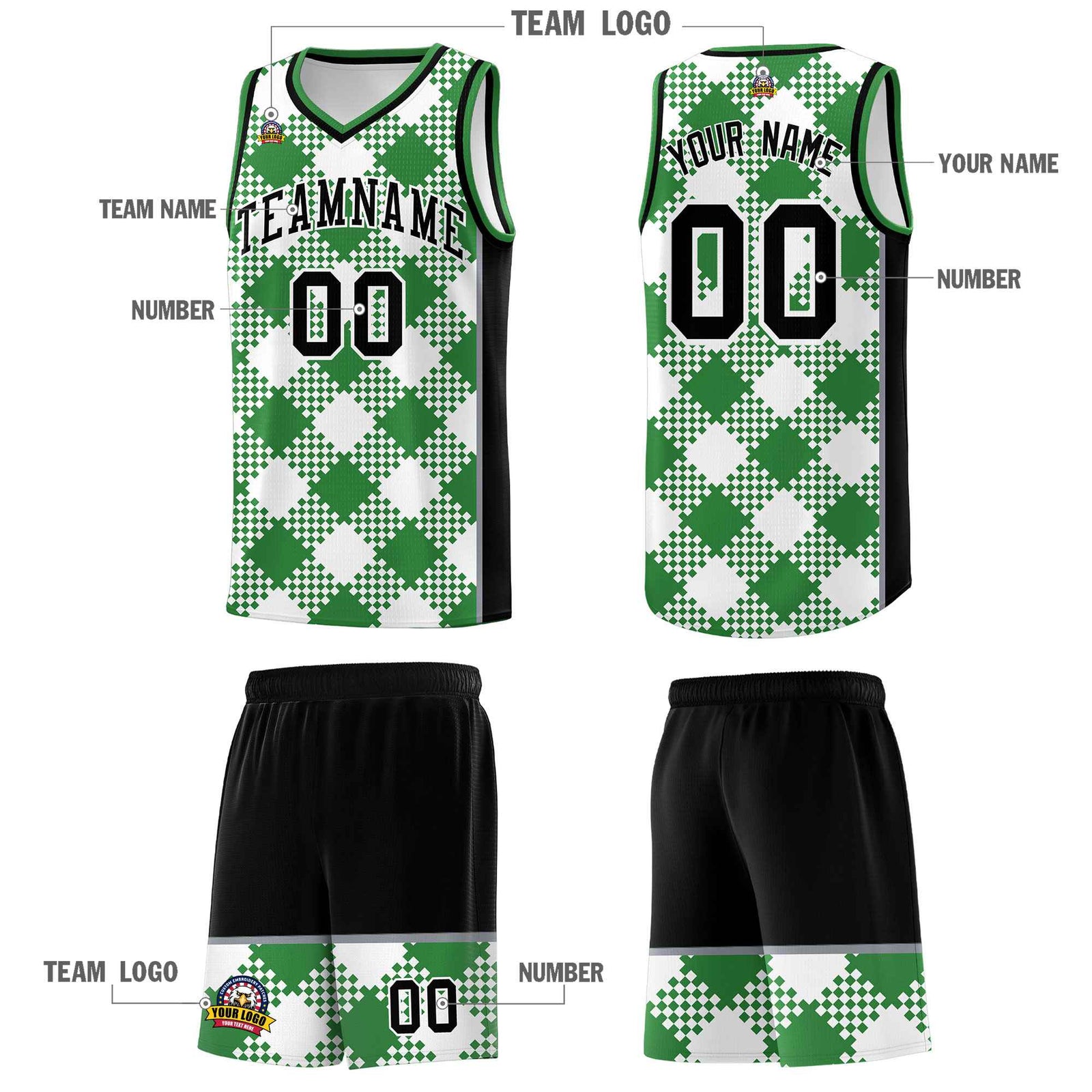 Personalized White Kelly Green-Gray Grid Basketball Kits