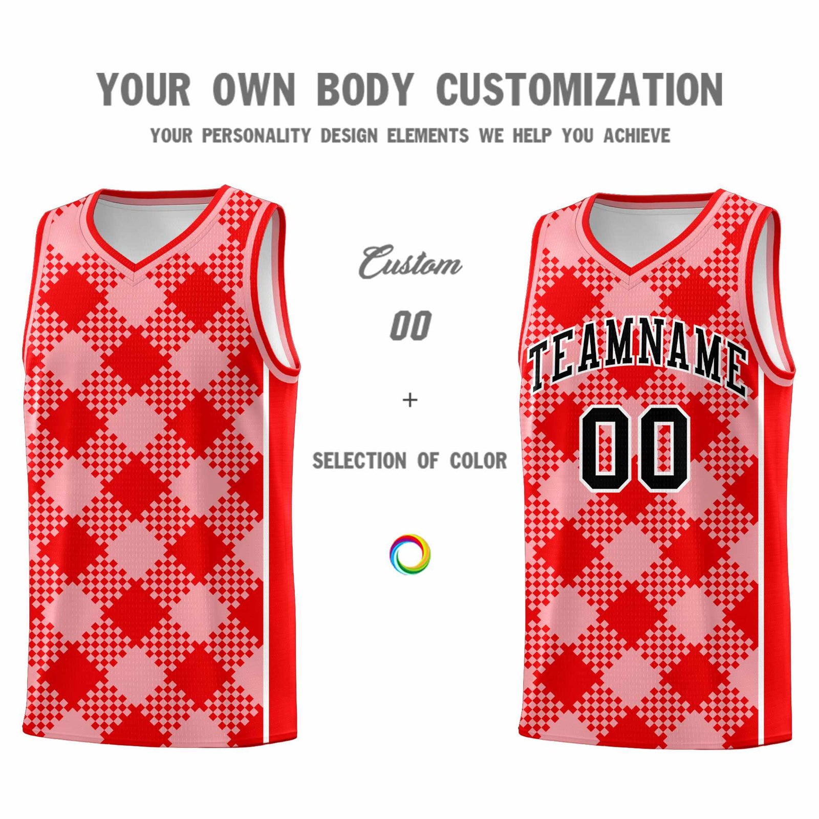 Personalized Light Pink Light Red-White Grid Basketball Kits
