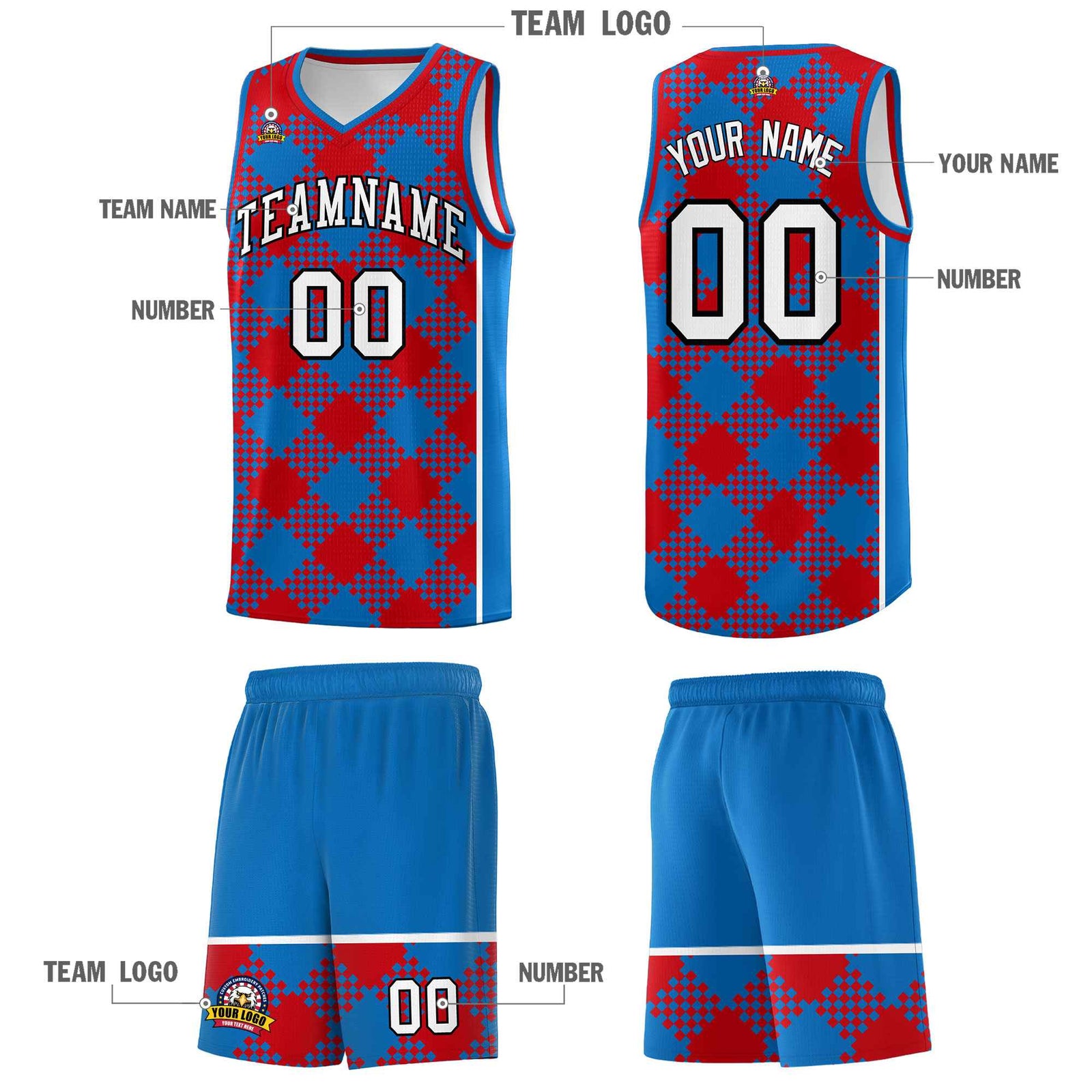 Personalized Royal Red-White Grid Basketball Kits