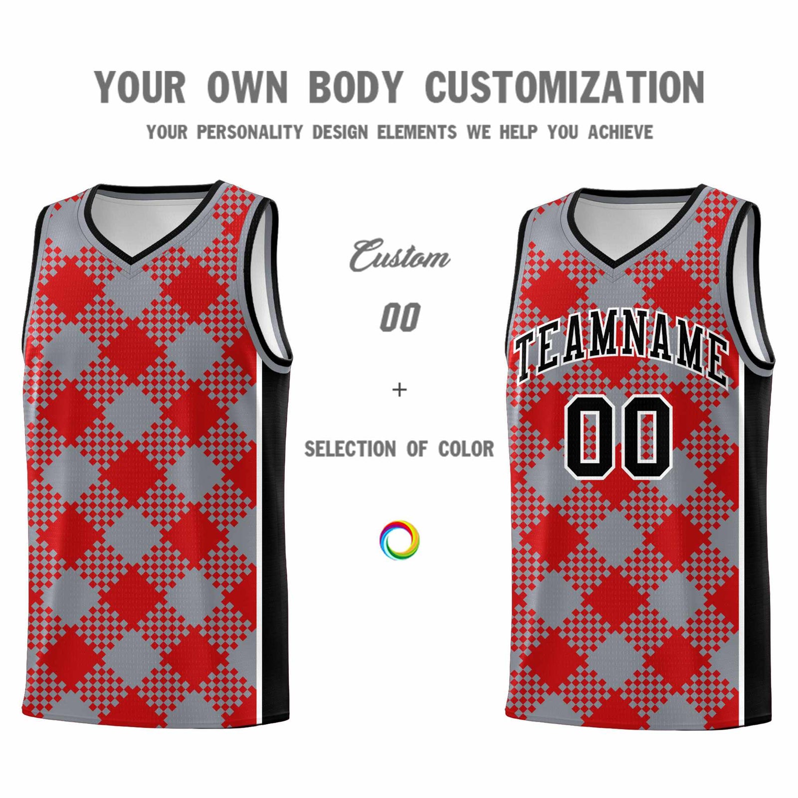 Personalized Gray Red-White Grid Basketball Kits