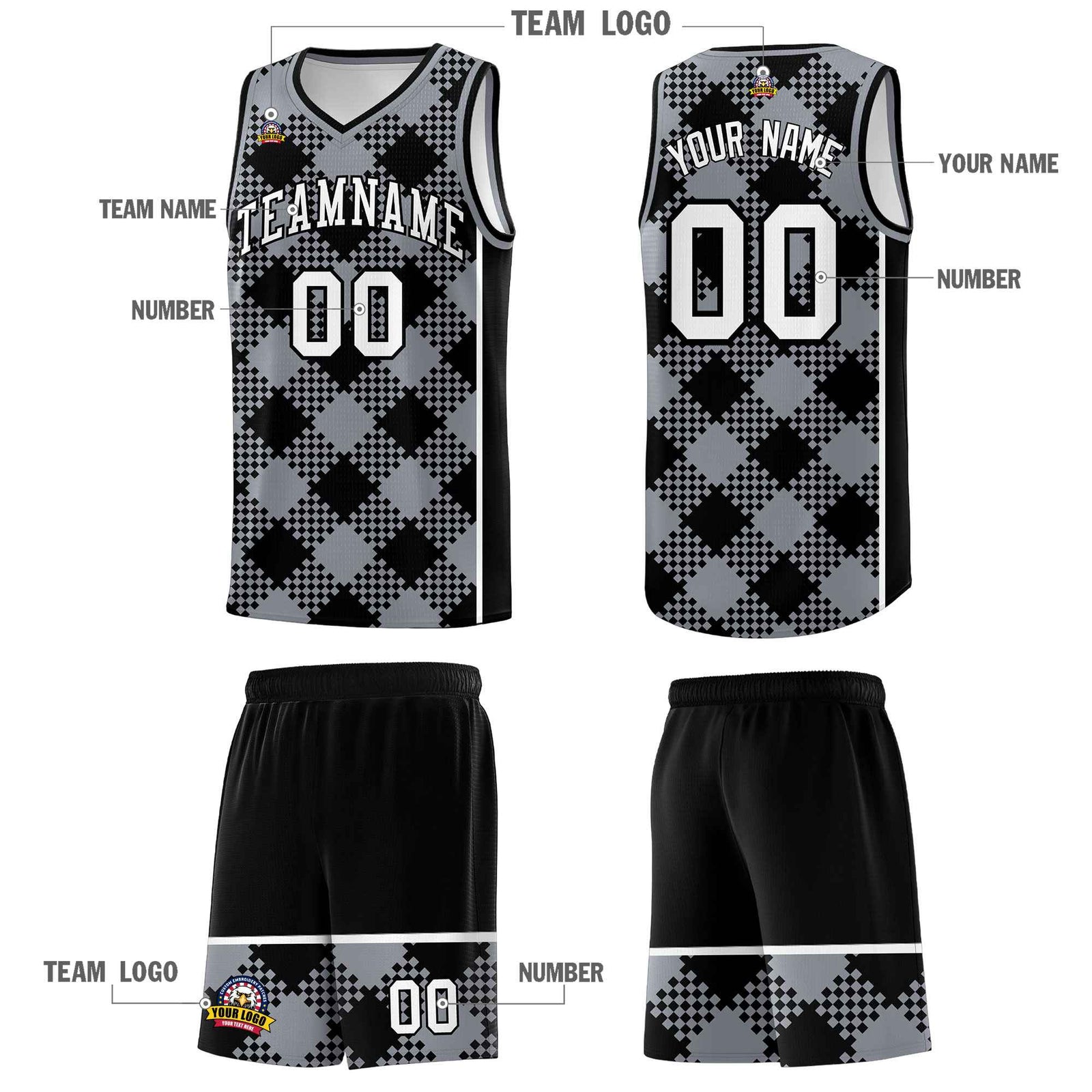 Personalized Gray Black-White Grid Basketball Kits