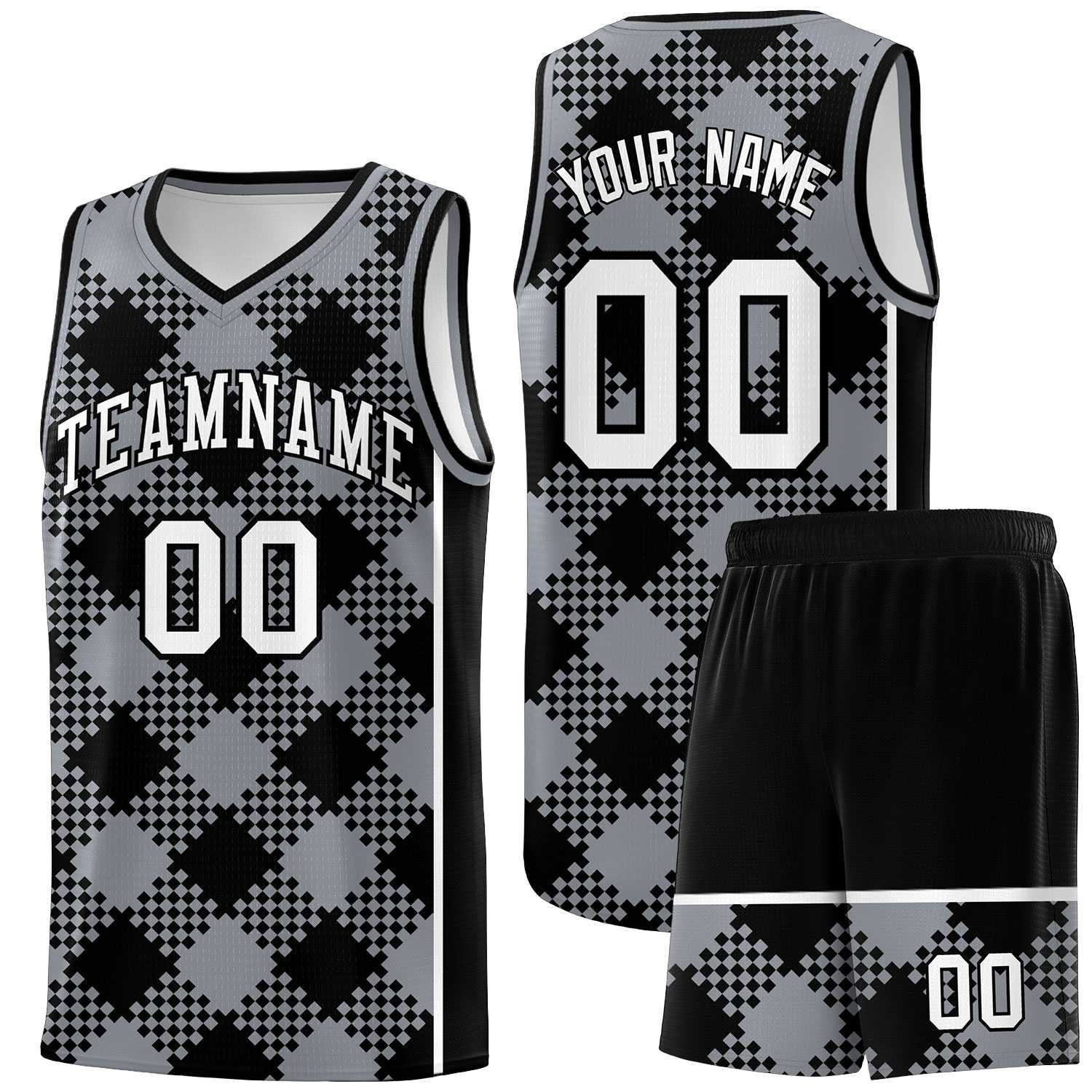 Personalized Gray Black-White Grid Basketball Kits