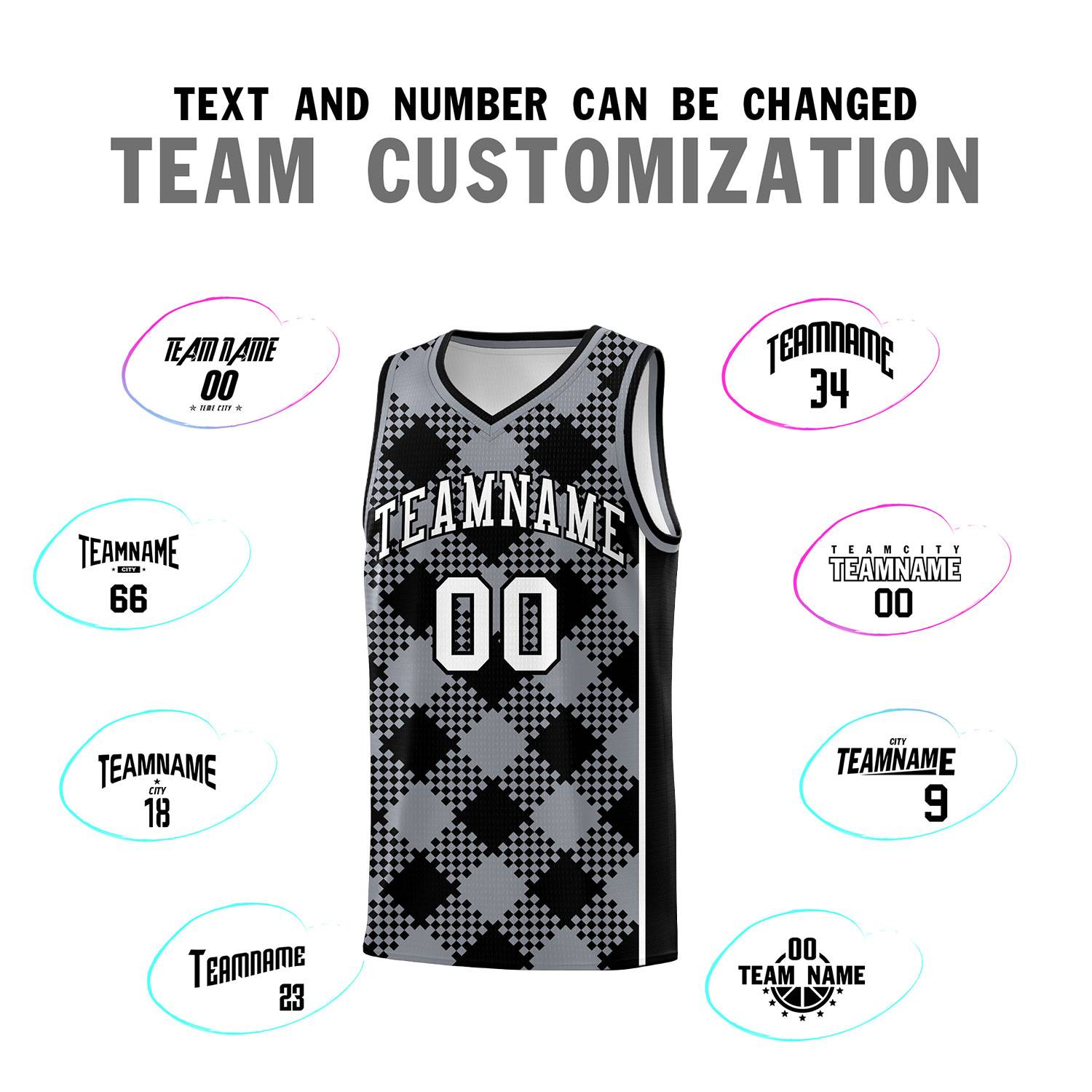 Personalized Gray Black-White Grid Basketball Kits