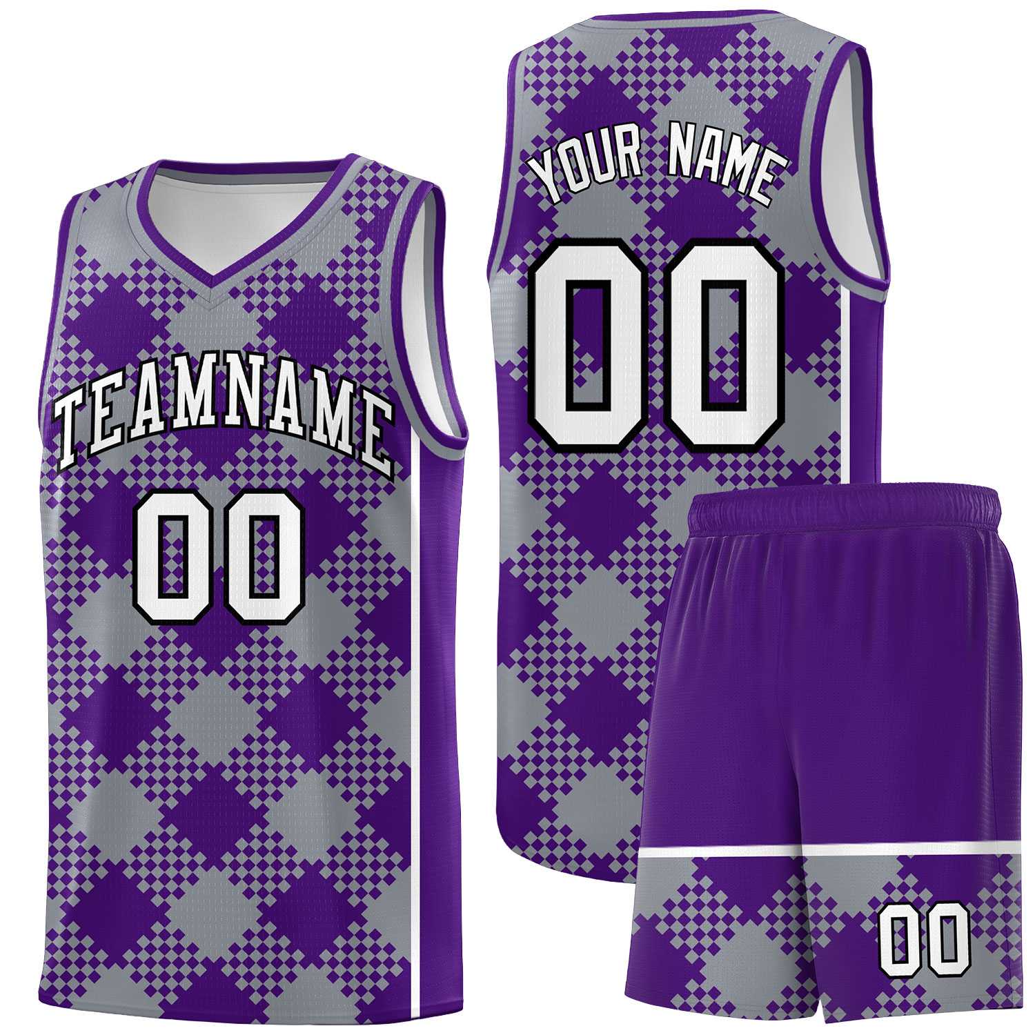 Personalized Gray Purple-White Grid Basketball Kits