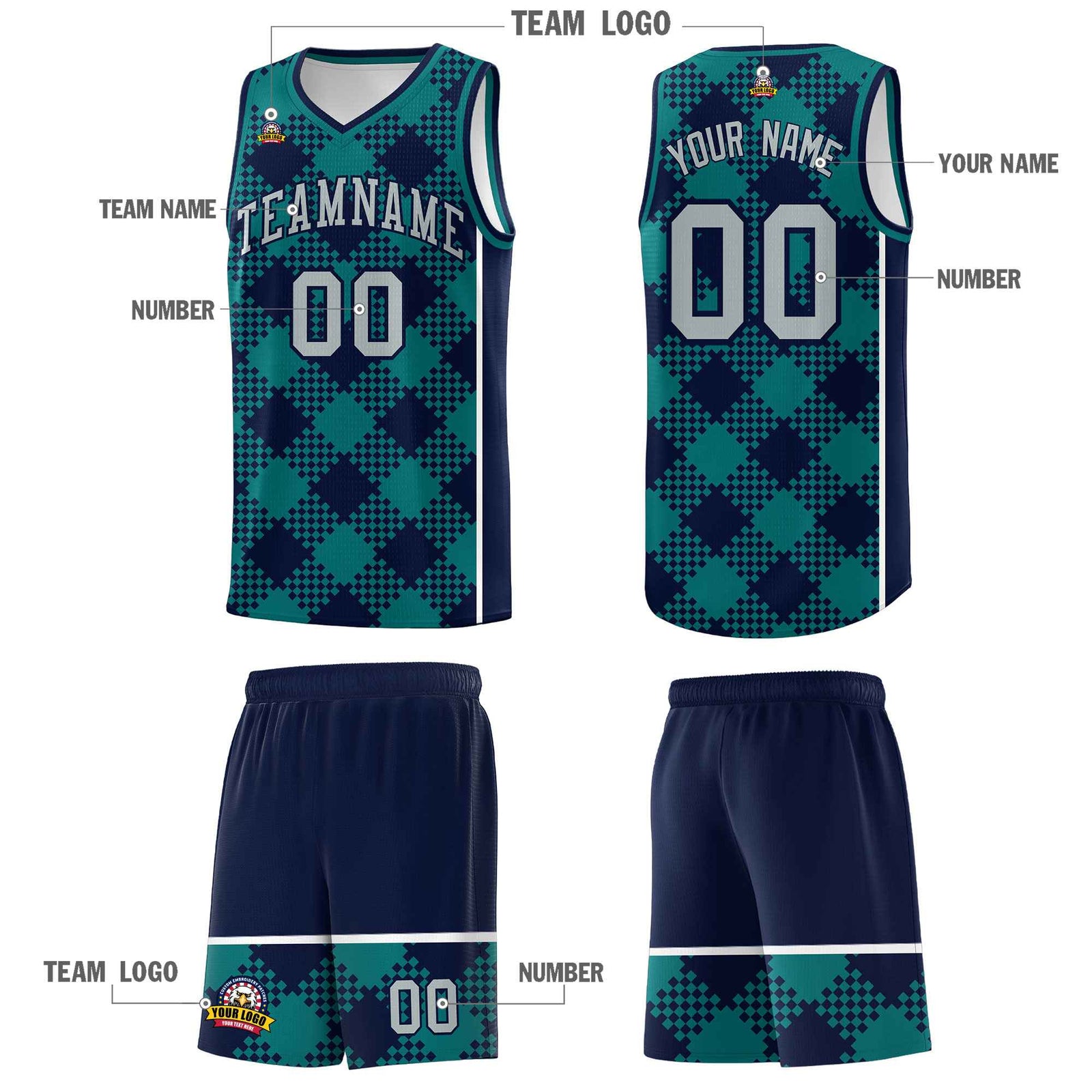 Personalized Teal Navy-White Grid Basketball Kits