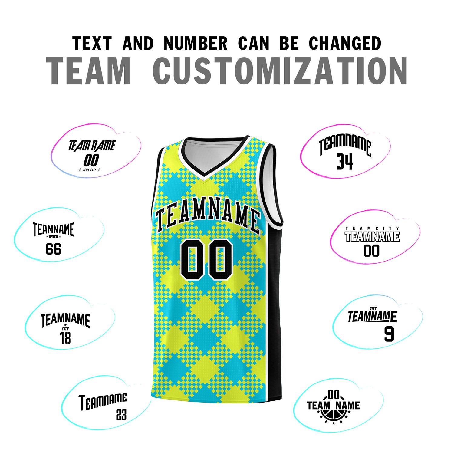 Personalized Sky Blue Fluorescent Green-White Grid Basketball Kits