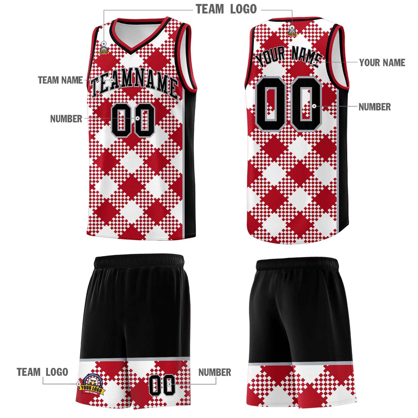 Personalized White Red-Gray Grid Basketball Kits