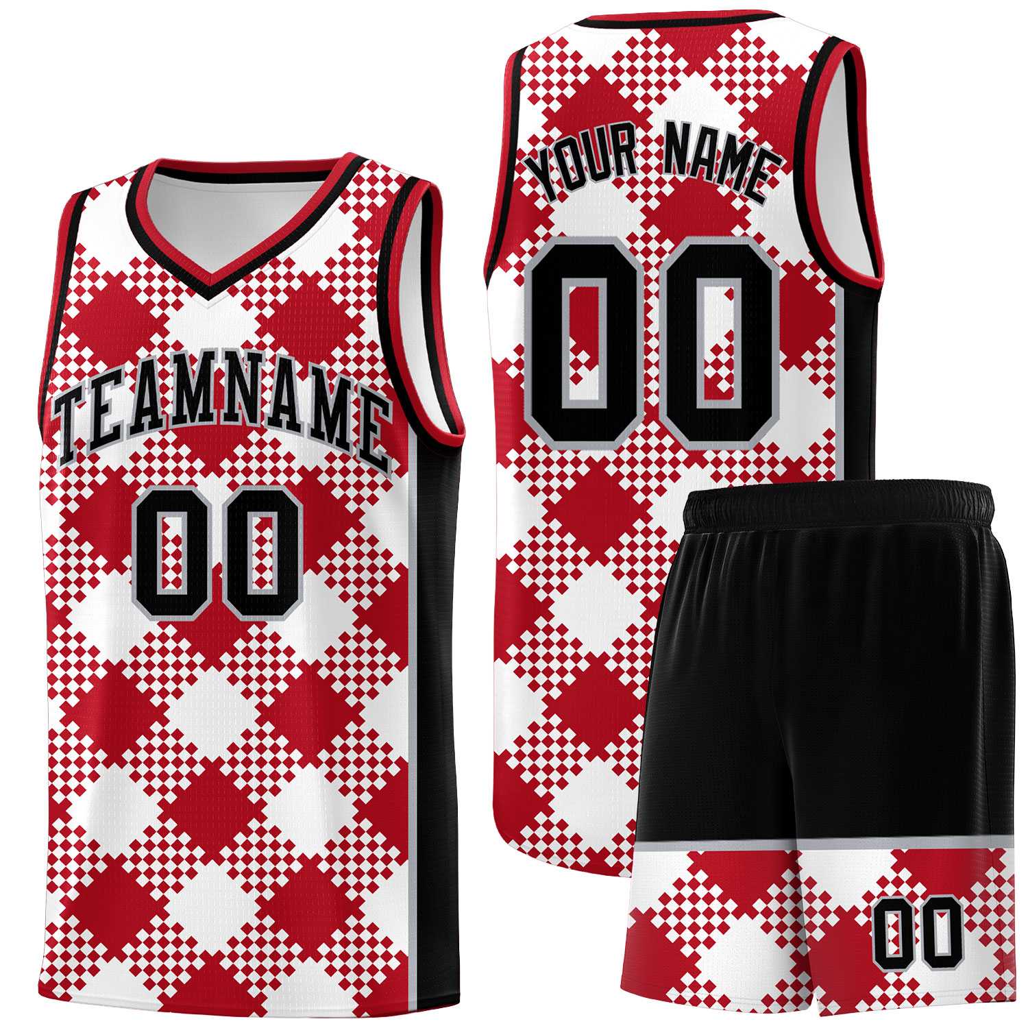 Personalized White Red-Gray Grid Basketball Kits