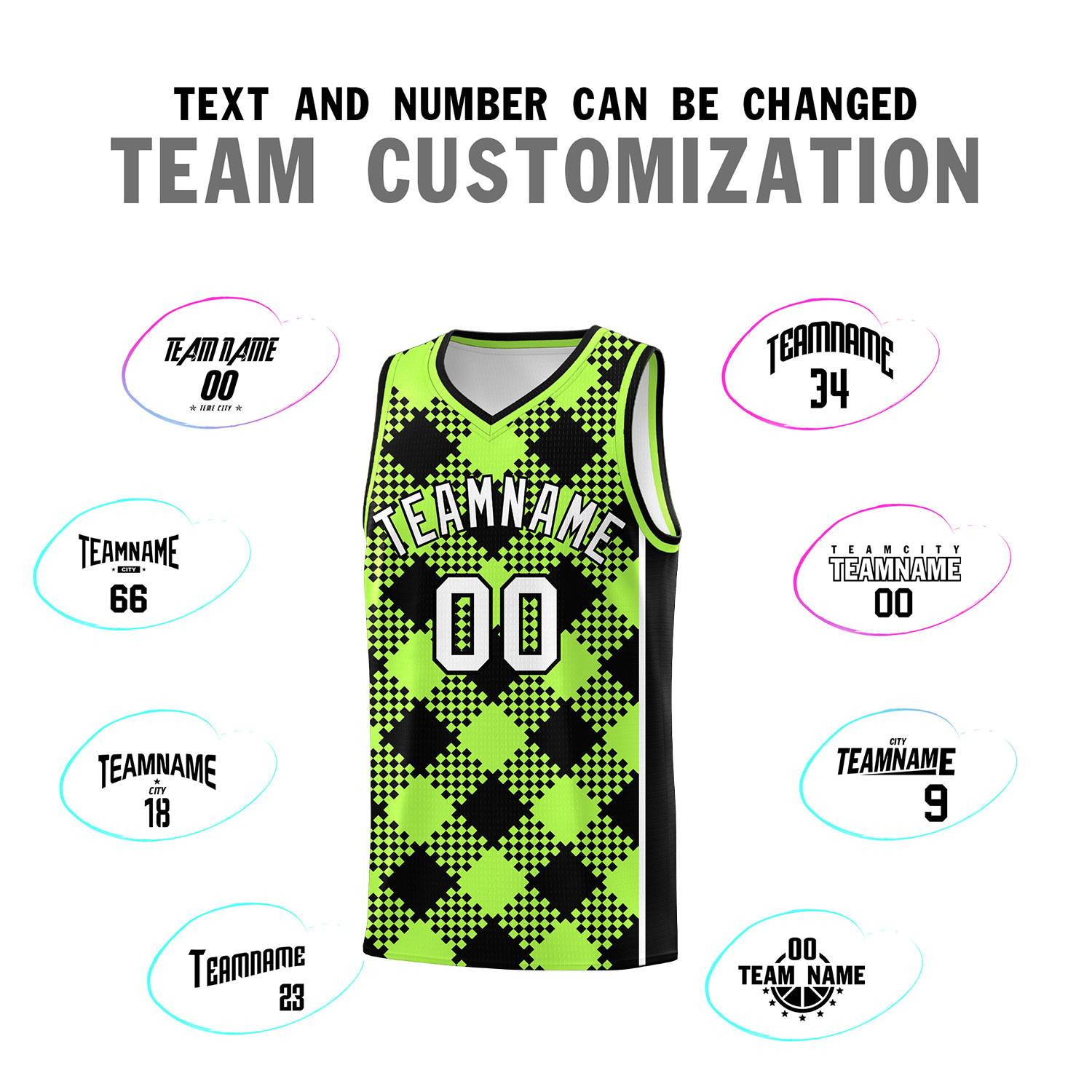 Personalized Fluorescent Green Black-White Grid Basketball Kits
