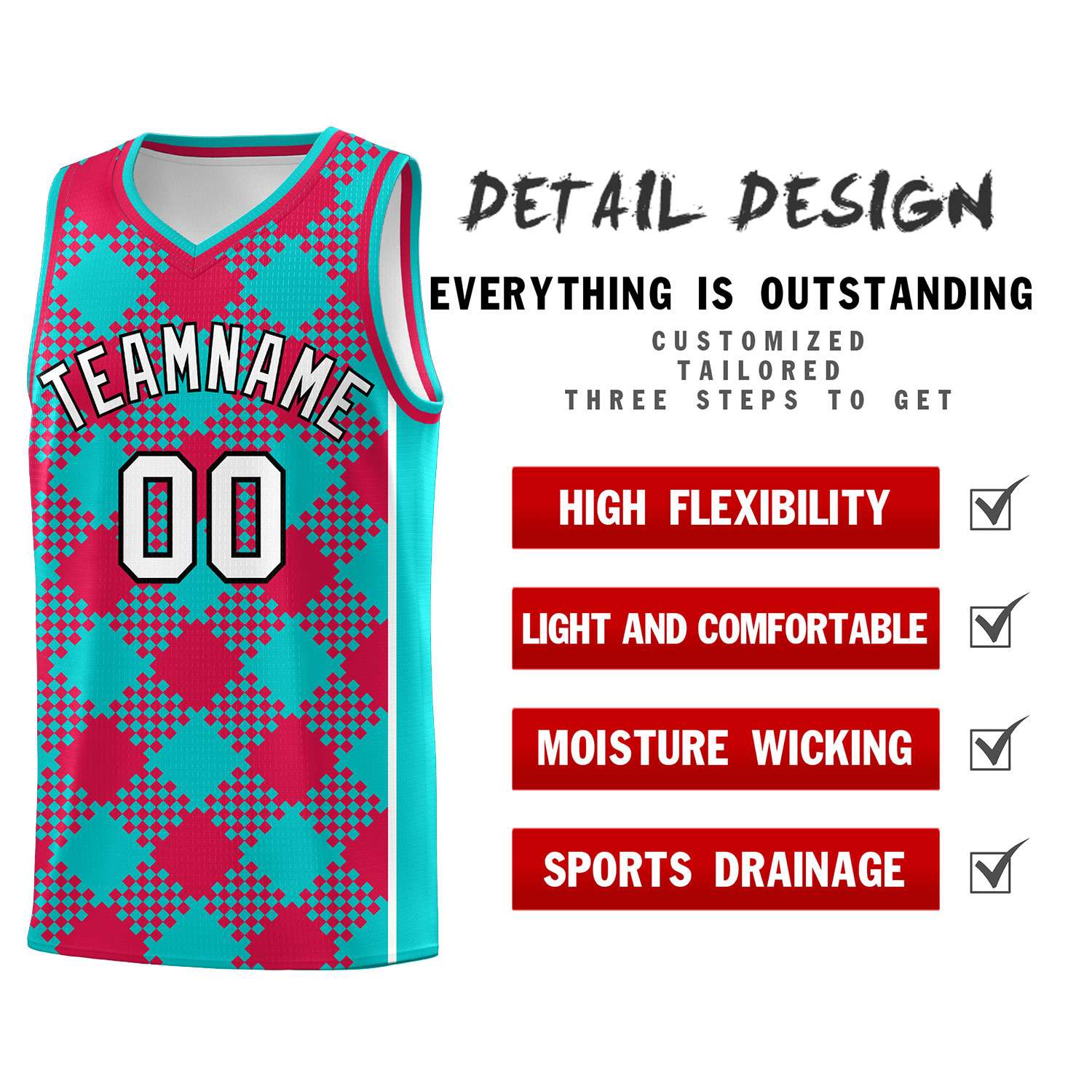 Personalized Aqua Red-White Grid Basketball Kits
